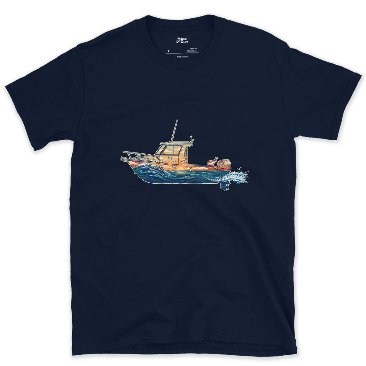 Out Before Daybreak, Cabin Boat design on a Navy Gildan Softstyle t-shirt