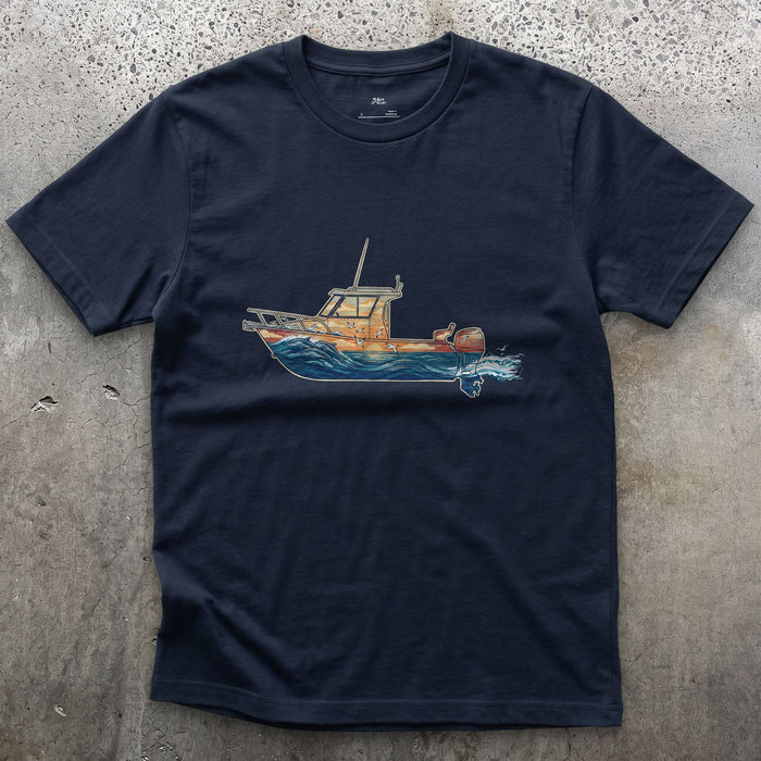 Out Before Daybreak, Cabin Boat design on a Navy Gildan Softstyle t-shirt