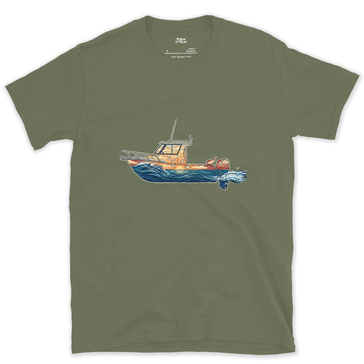 Out Before Daybreak, Cabin Boat design on a Military Green Gildan Softstyle t-shirt