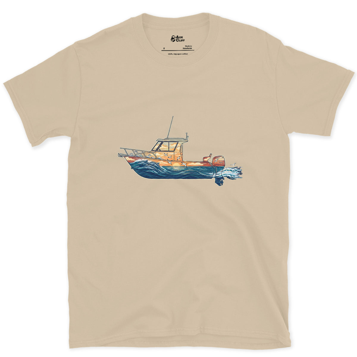 Out Before Daybreak, Cabin Boat design on a Sand Gildan Softstyle t-shirt