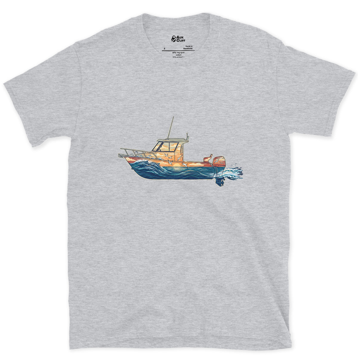 Out Before Daybreak, Cabin Boat design on a Sport Grey Gildan Softstyle t-shirt
