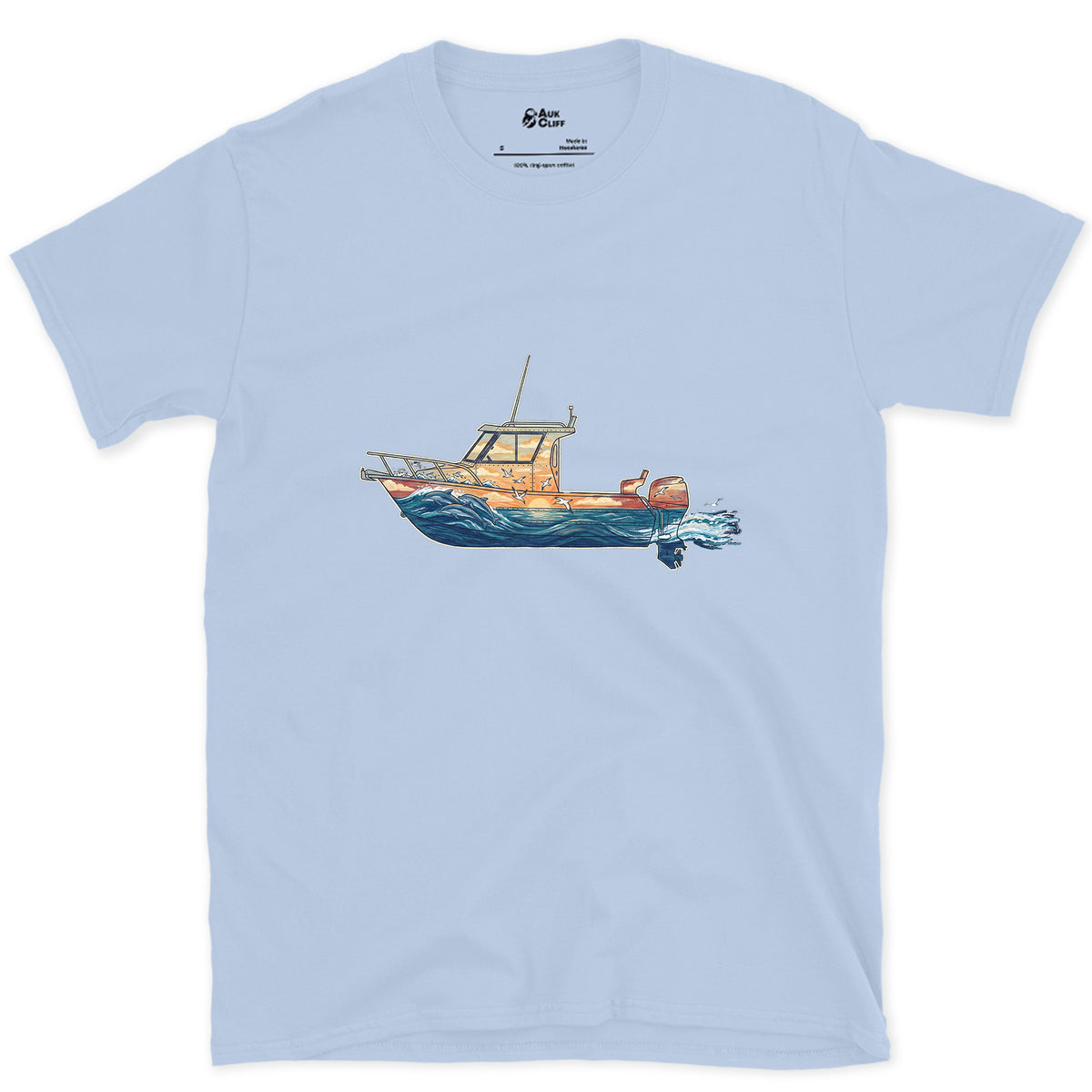 Out Before Daybreak, Cabin Boat design on a Light Blue Gildan Softstyle t-shirt