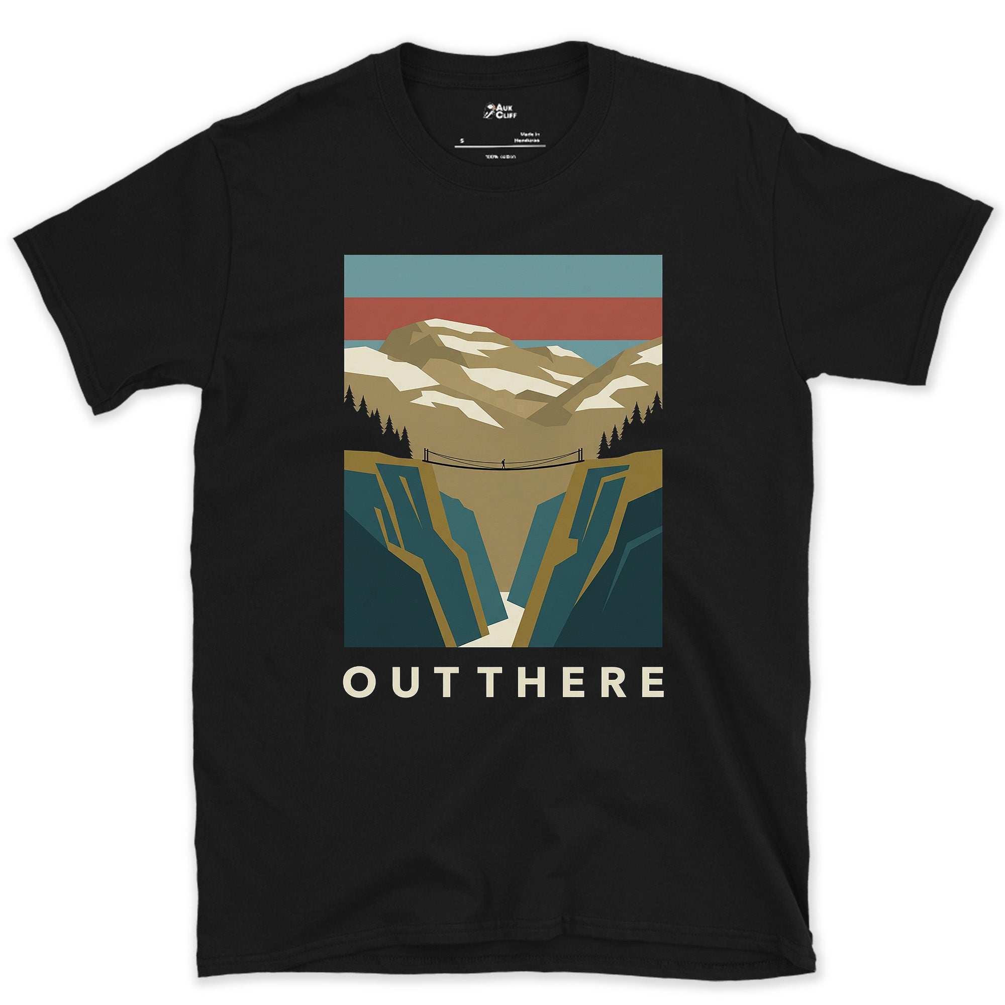 Out There, Bridge Over the Canyon design on a Black Gildan Softstyle t-shirt