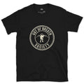 Out of Breath Hiking Society Crest Badge design on a Black Gildan Softstyle t-shirt