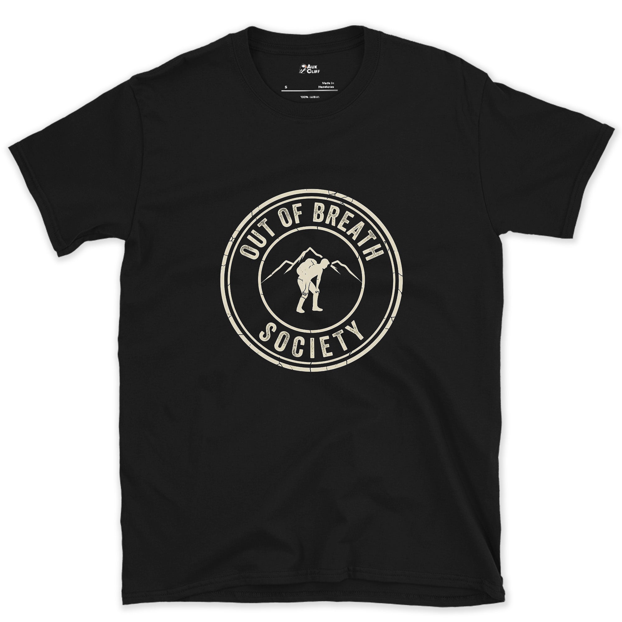 Out of Breath Hiking Society Crest Badge design on a Black Gildan Softstyle t-shirt