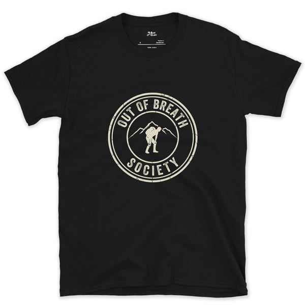 Out of Breath Hiking Society Crest Badge design on a Black Gildan Softstyle t-shirt