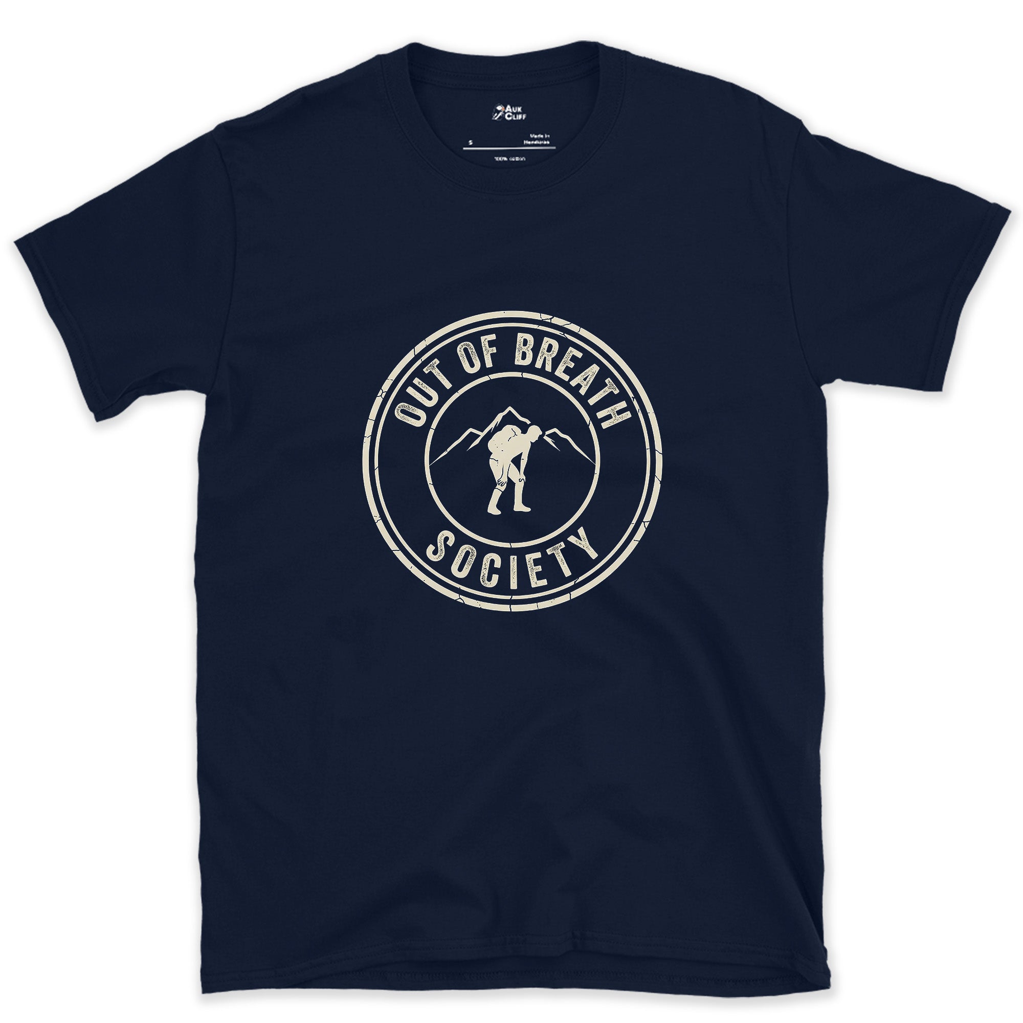 Out of Breath Hiking Society Crest Badge design on a Navy Gildan Softstyle t-shirt