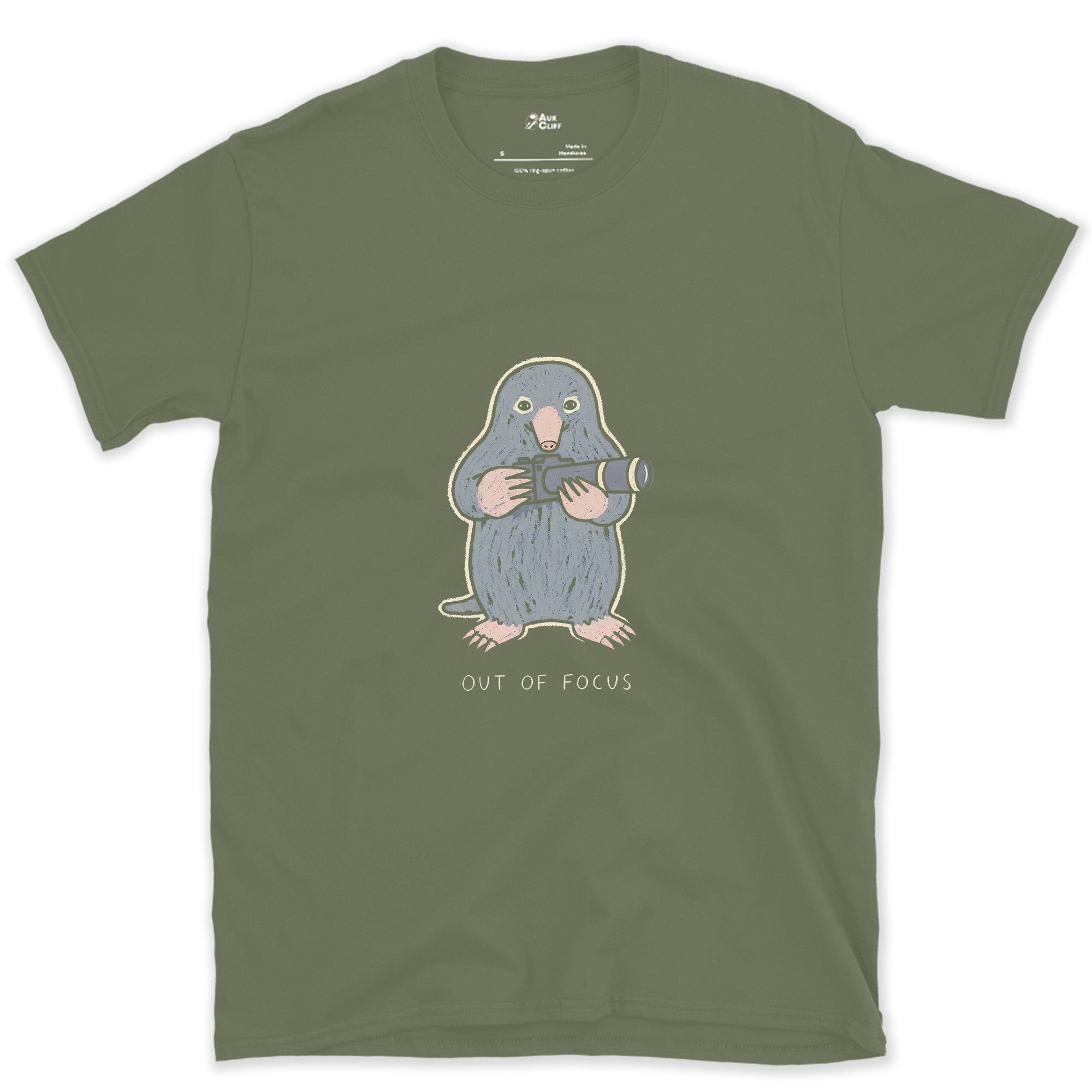 Out of Focus, the Mole Barely Needs Its Eyes design on a Military Green Gildan Softstyle t-shirt