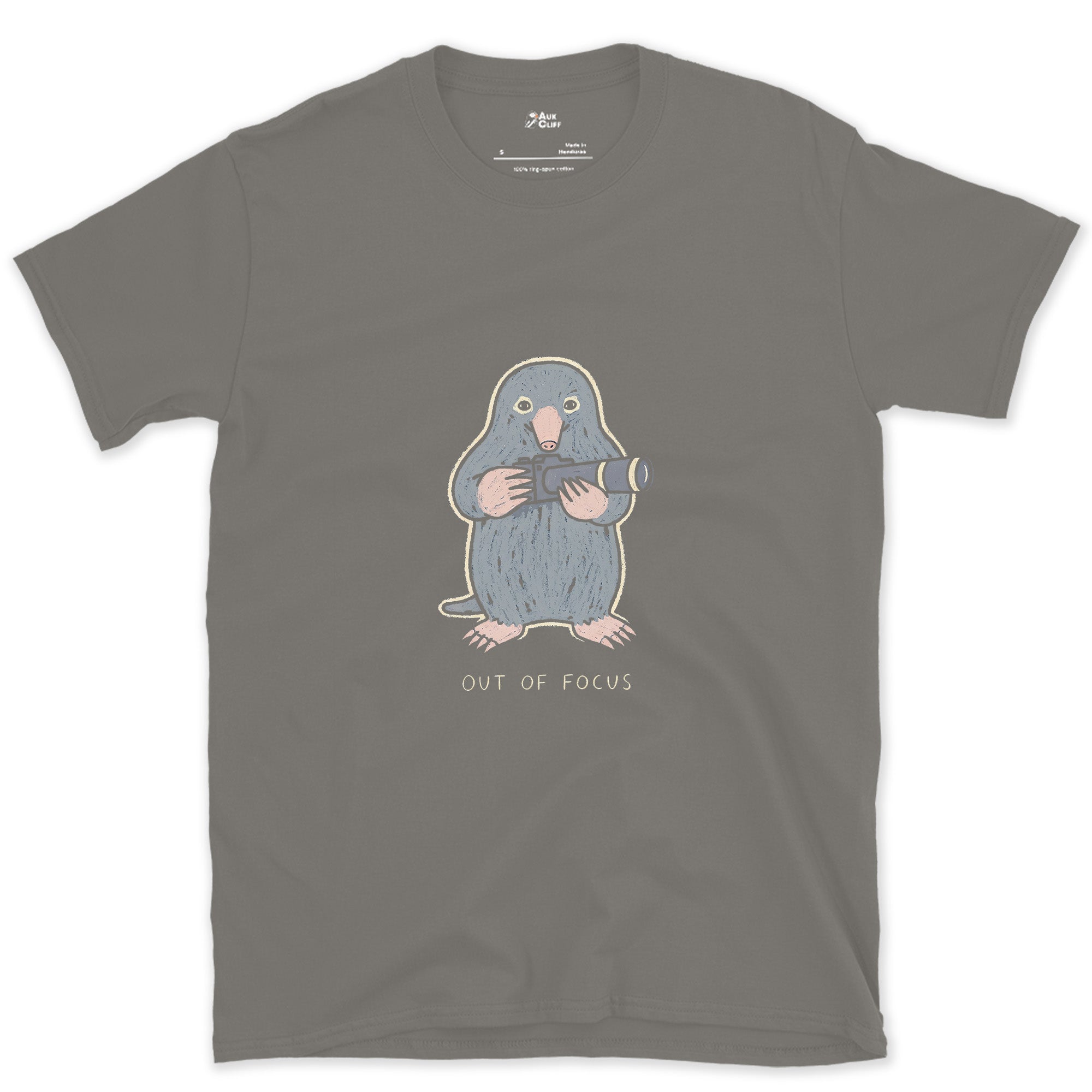 Out of Focus, the Mole Barely Needs Its Eyes design on a Charcoal Gildan Softstyle t-shirt