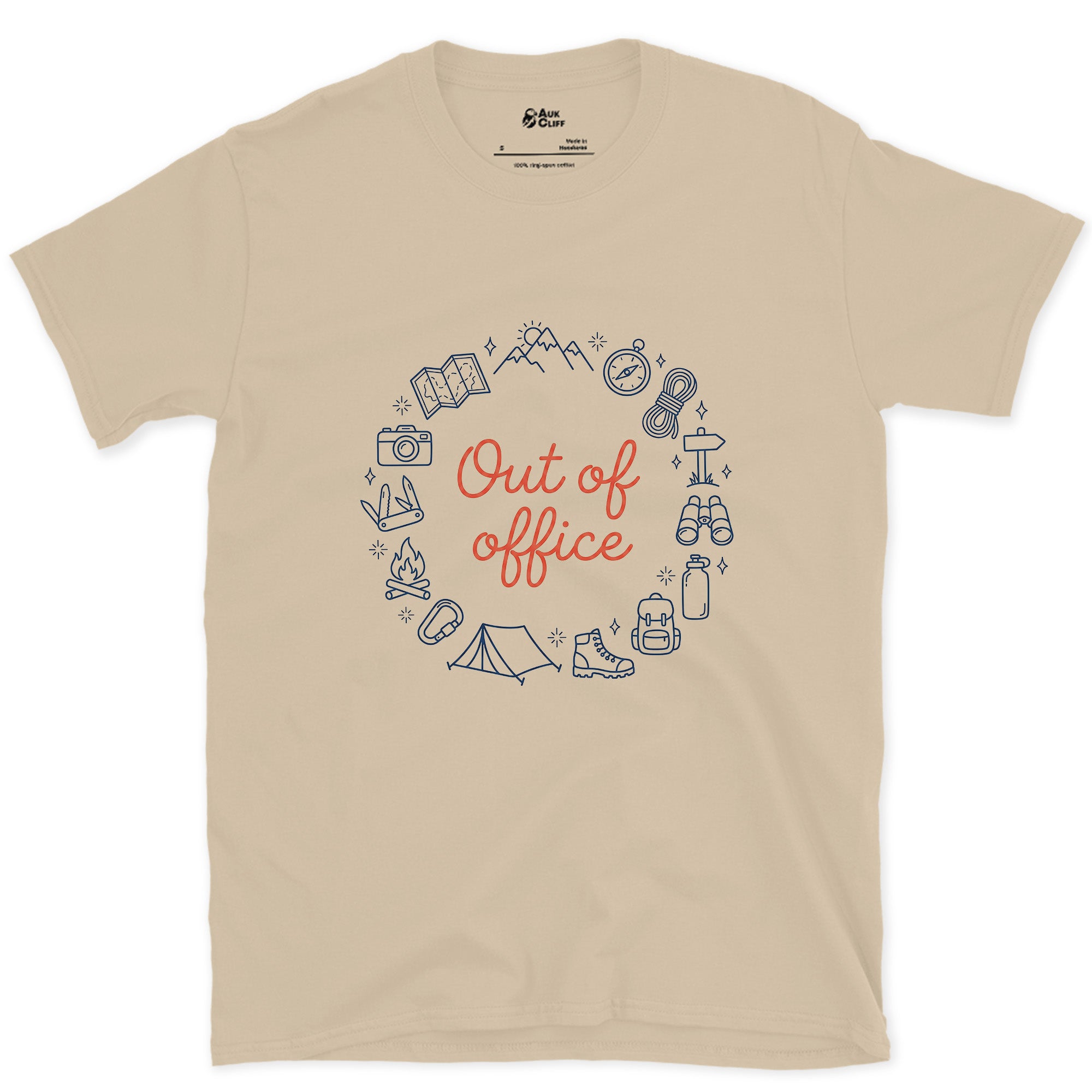 Out of Office, Camp Wreath design on a Sand Gildan Softstyle t-shirt