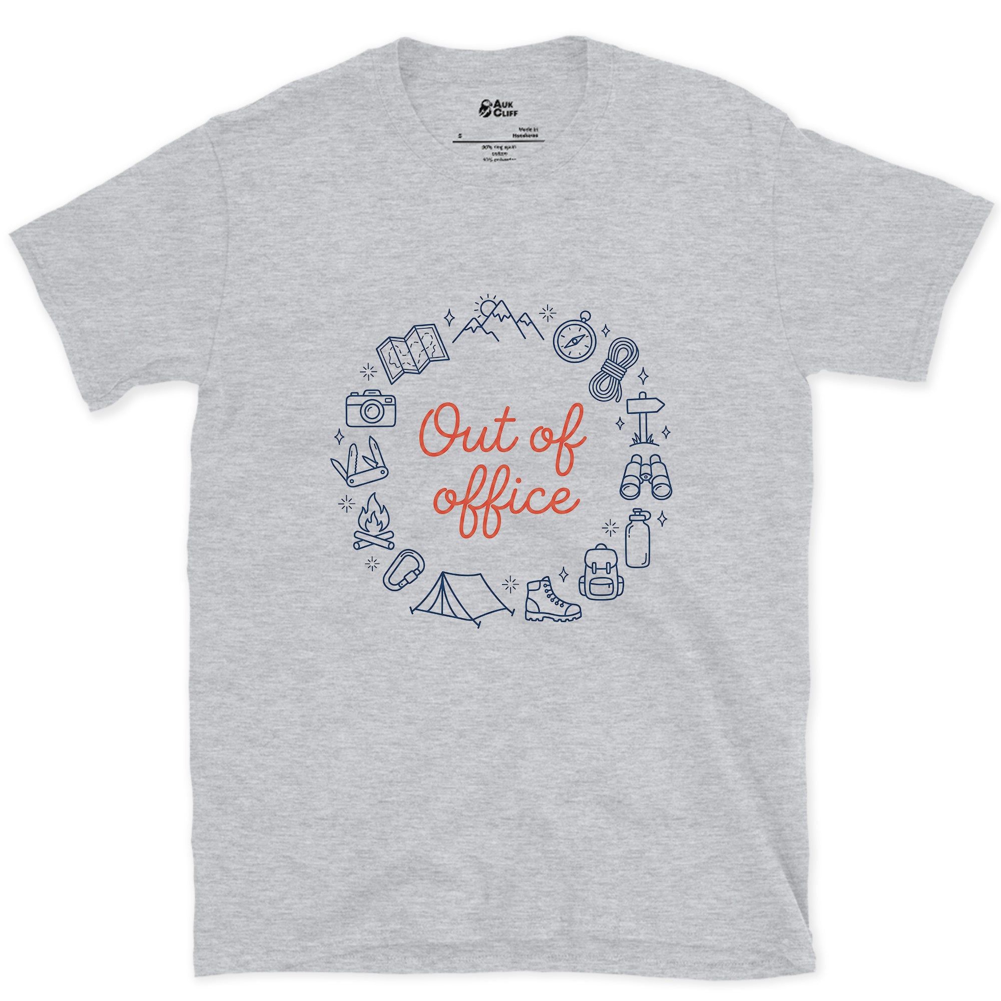 Out of Office, Camp Wreath design on a Sport Grey Gildan Softstyle t-shirt