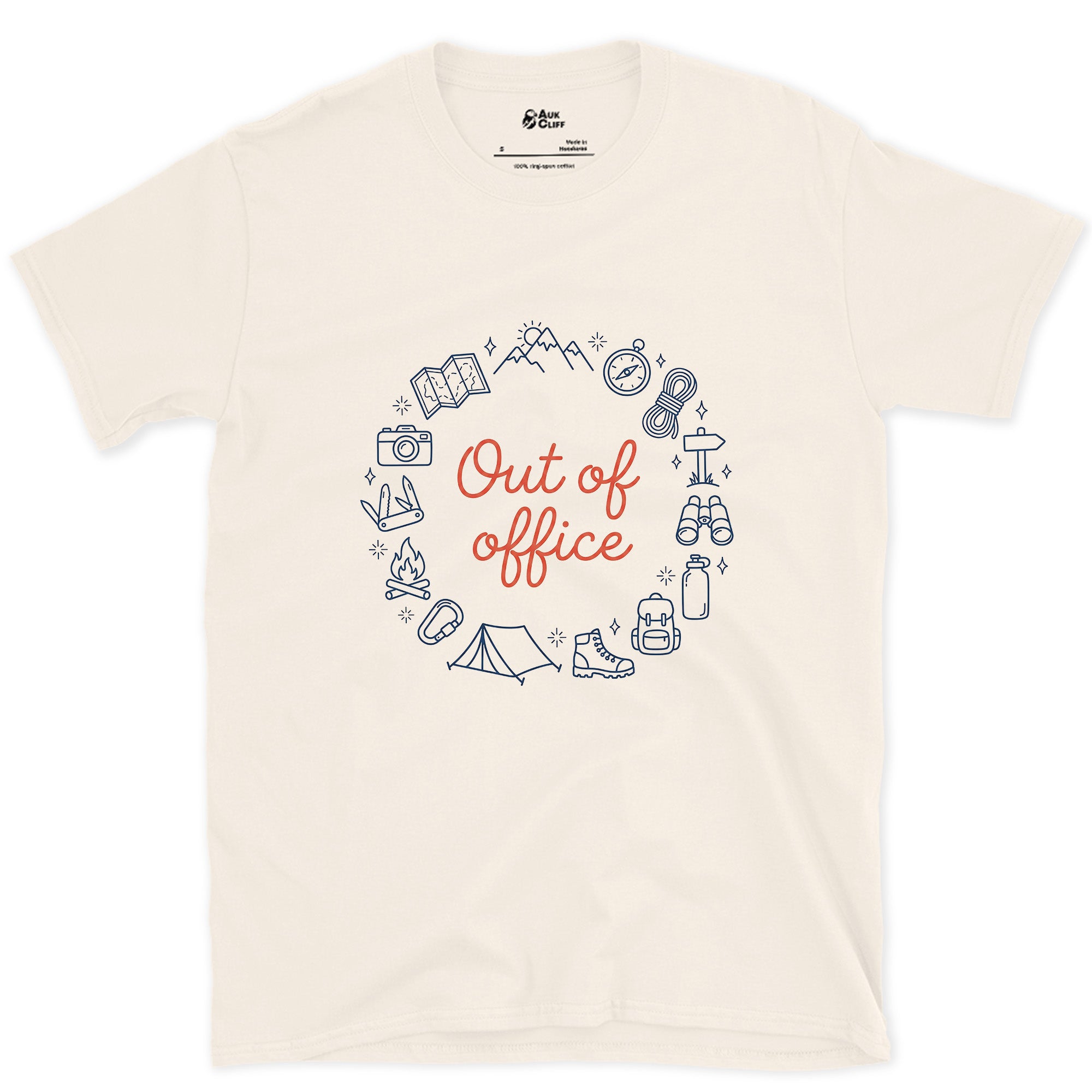 Out of Office, Camp Wreath design on a Natural Gildan Softstyle t-shirt