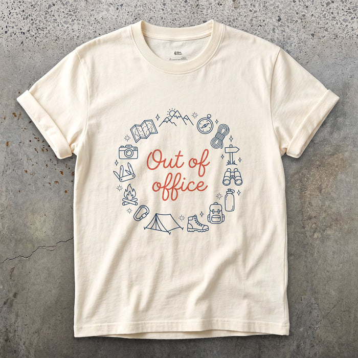 Out of Office, Camp Wreath design on a Natural Gildan Softstyle t-shirt