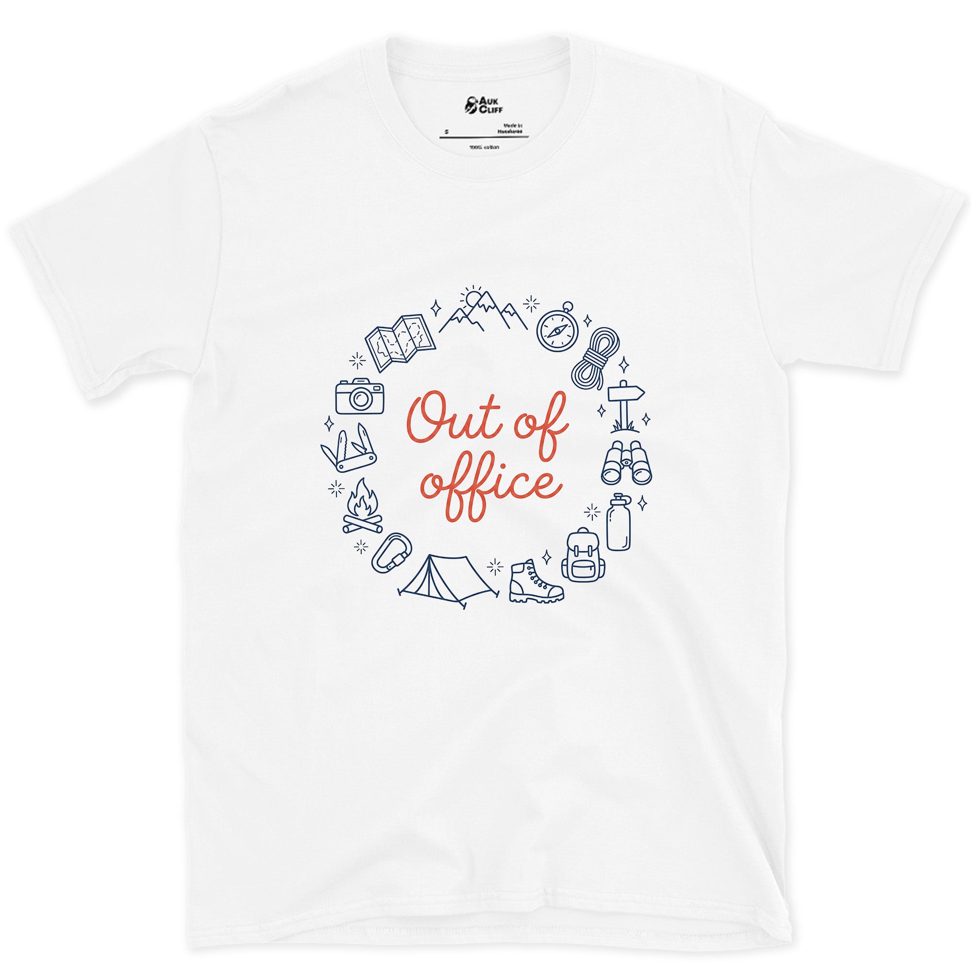 Out of Office, Camp Wreath design on a White Gildan Softstyle t-shirt
