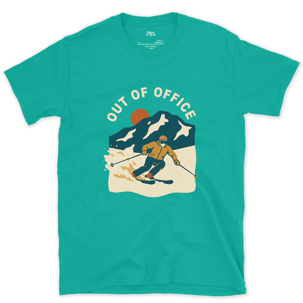 Out of Office, Carving Skier in Poster Colour design on a Jade Dome Gildan Softstyle t-shirt