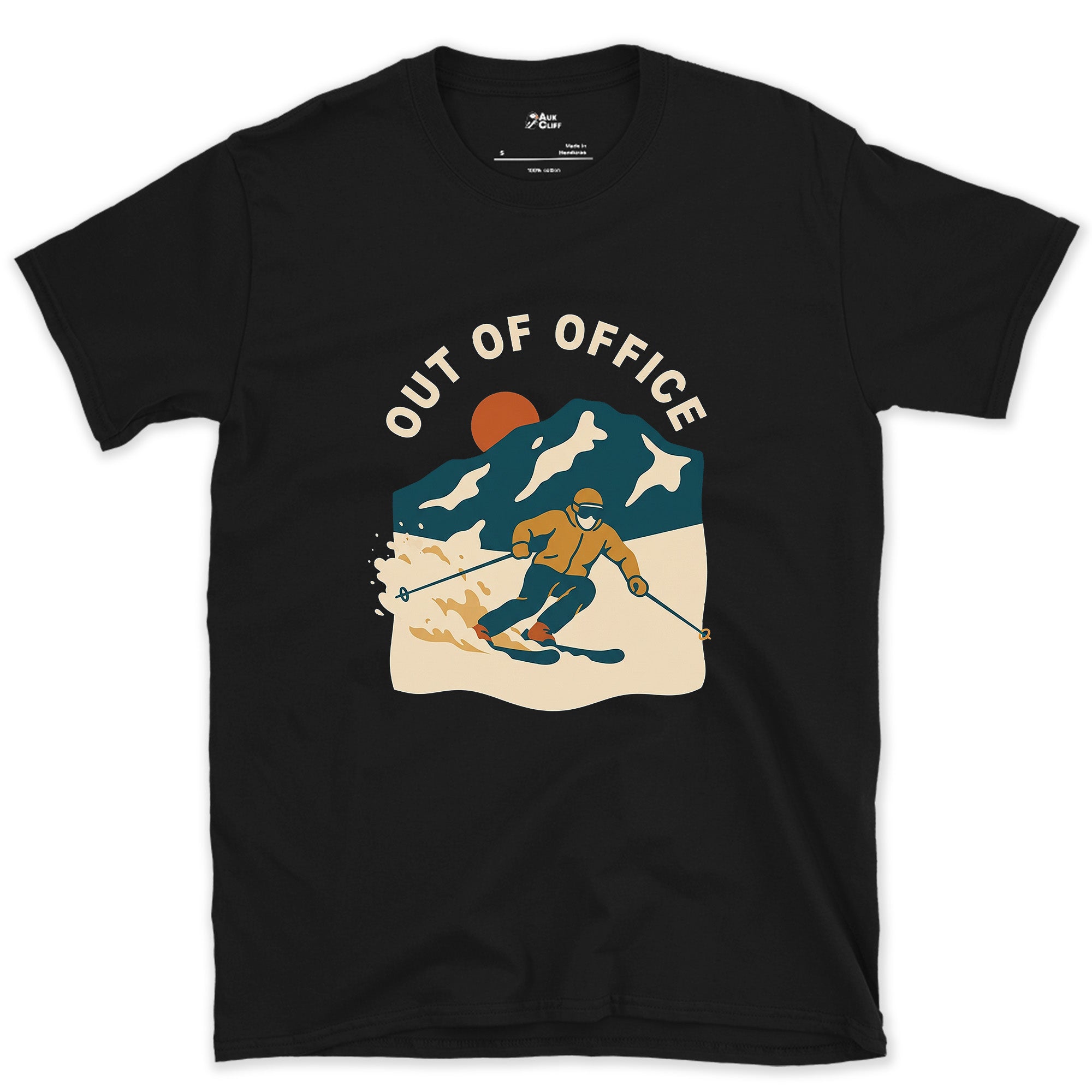 Out of Office, Carving Skier in Poster Colour design on a Black Gildan Softstyle t-shirt