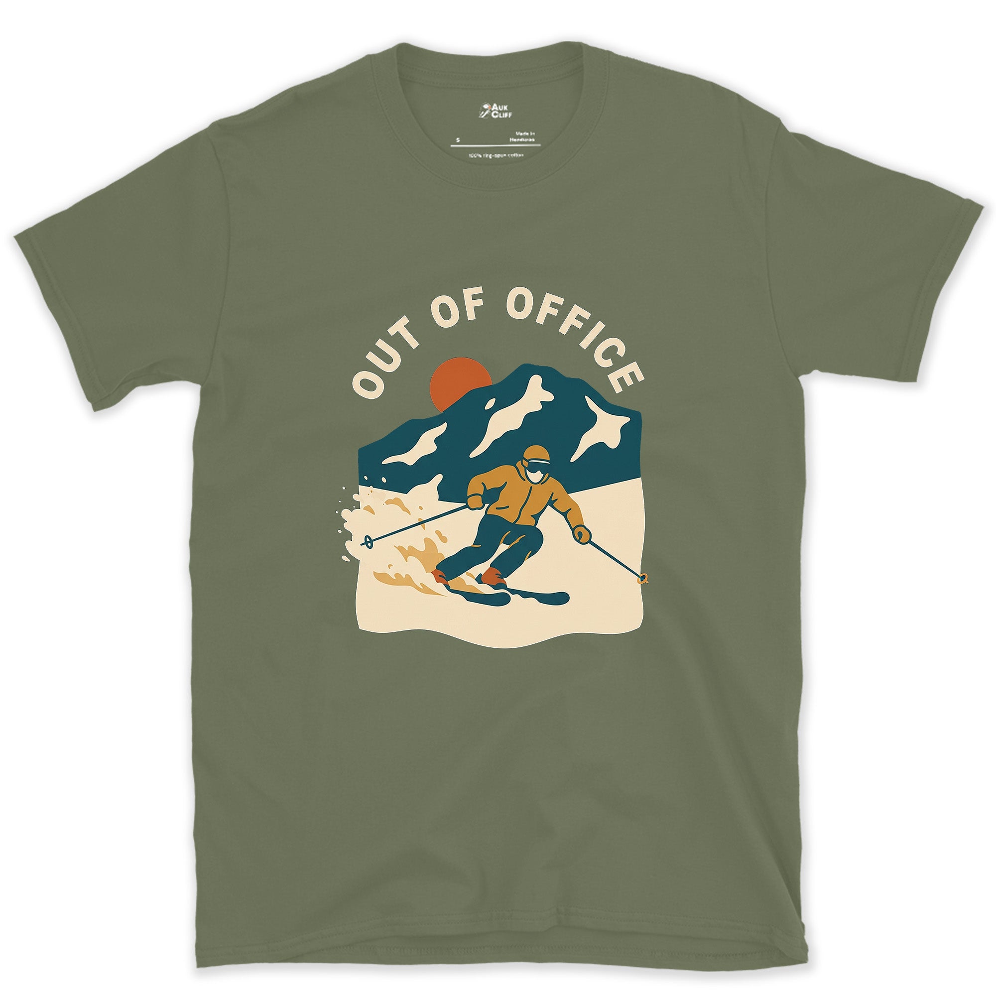 Out of Office, Carving Skier in Poster Colour design on a Military Green Gildan Softstyle t-shirt
