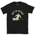 Out of Office, Skier Carving Mid Turn design on a Black Gildan Softstyle t-shirt