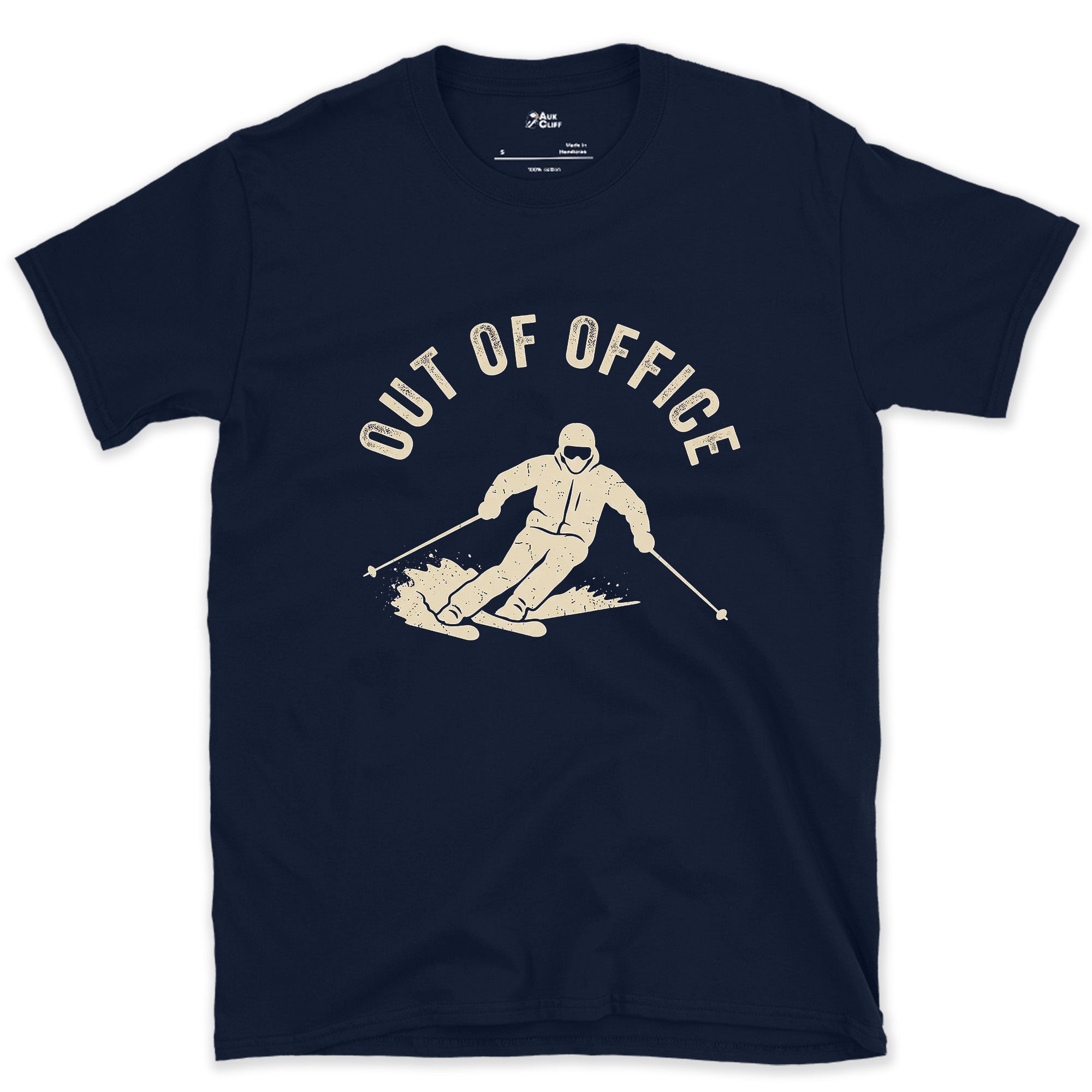 Out of Office, Skier Carving Mid Turn design on a Navy Gildan Softstyle t-shirt