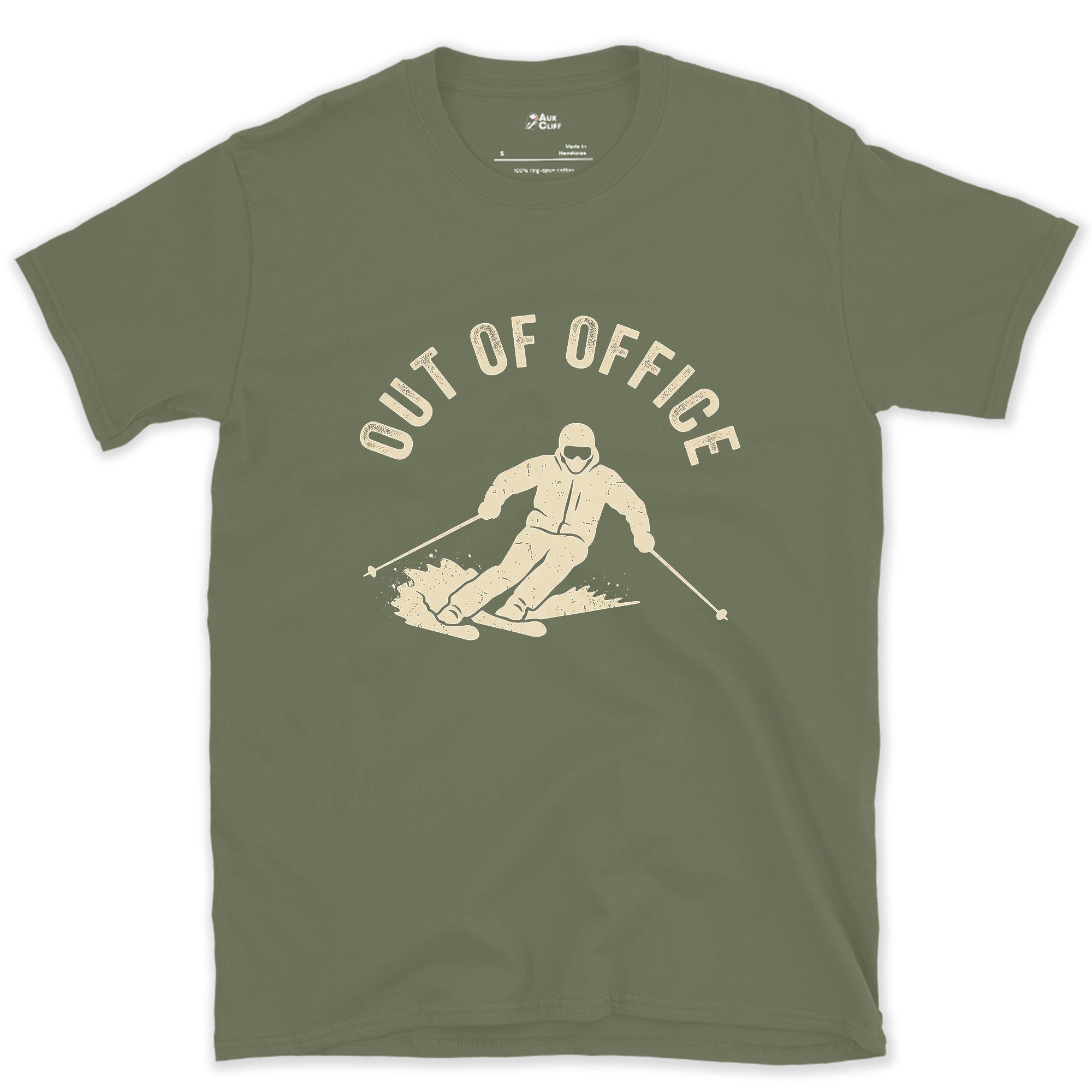 Out of Office, Skier Carving Mid Turn design on a Military Green Gildan Softstyle t-shirt