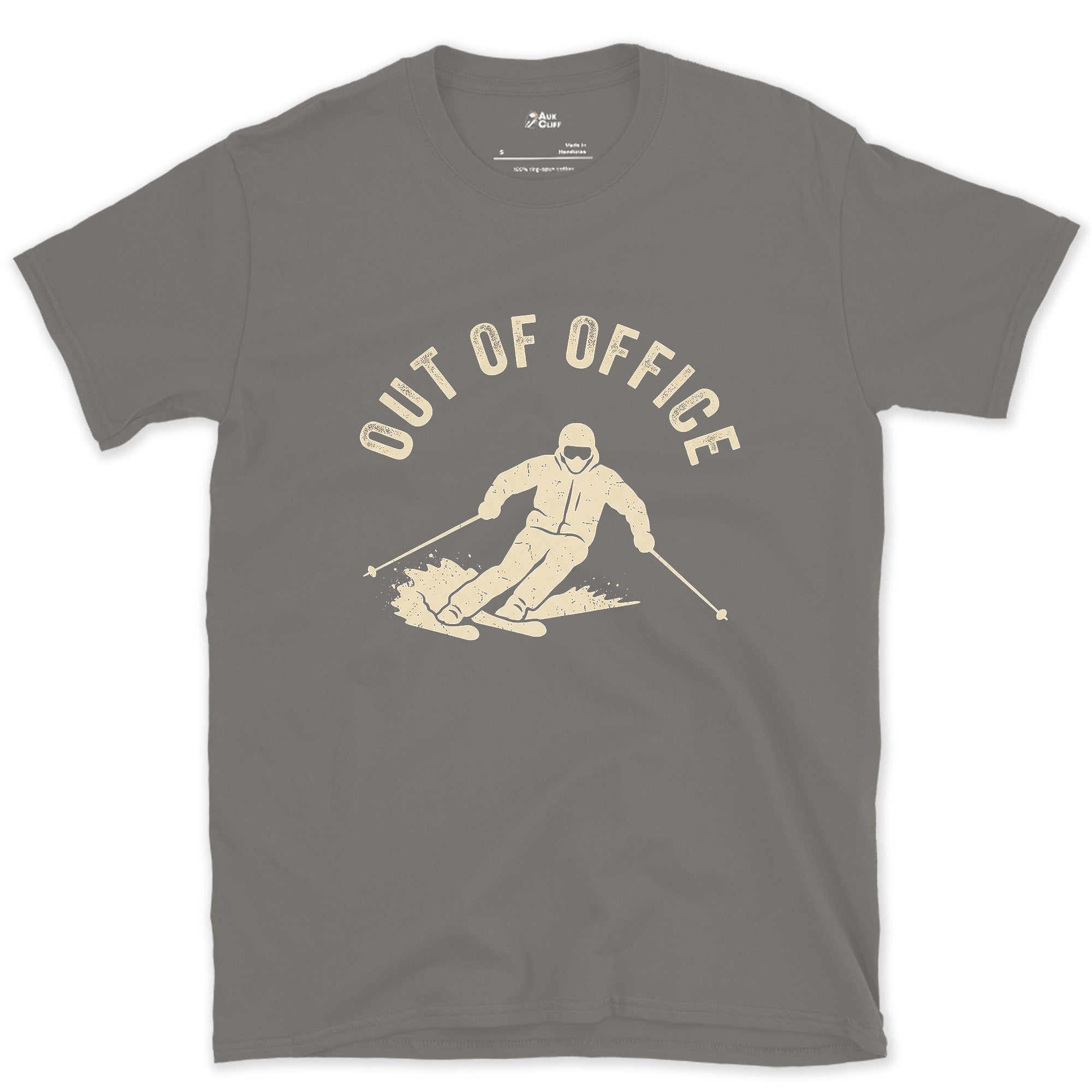 Out of Office, Skier Carving Mid Turn design on a Charcoal Gildan Softstyle t-shirt