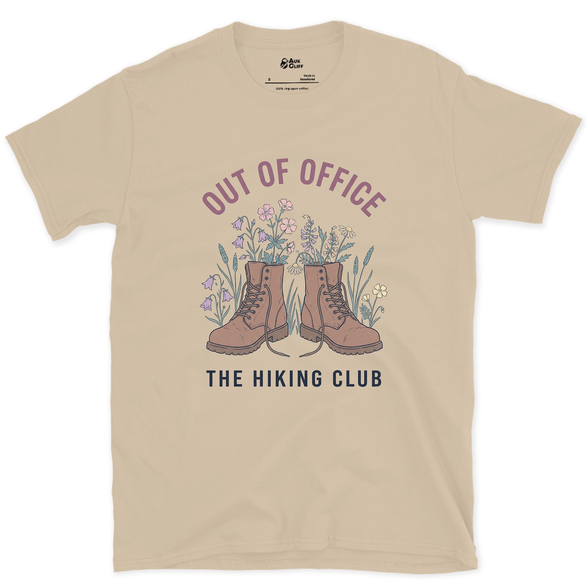 Out of Office, Boots in Bloom design on a Sand Gildan Softstyle t-shirt