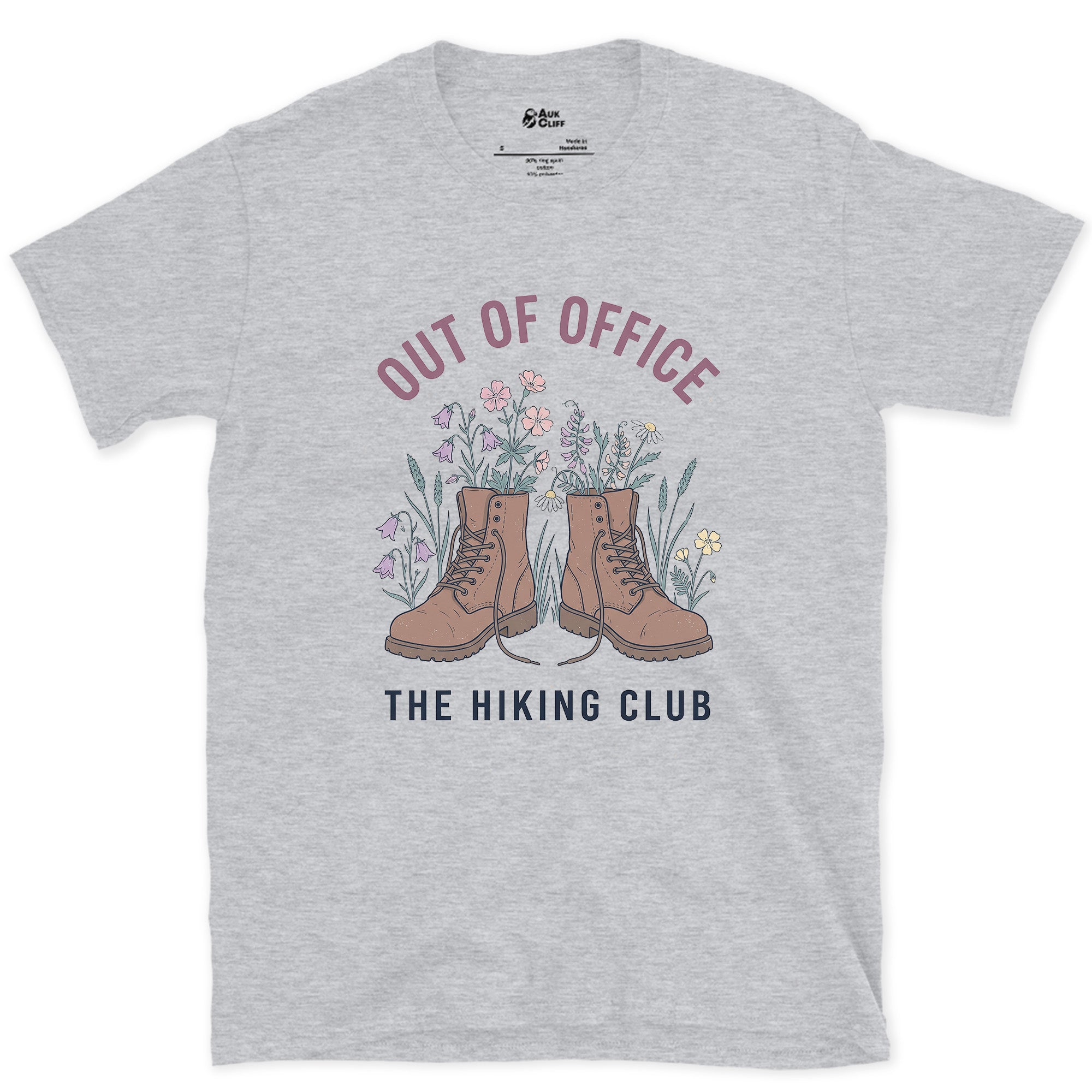 Out of Office, Boots in Bloom design on a Sport Grey Gildan Softstyle t-shirt