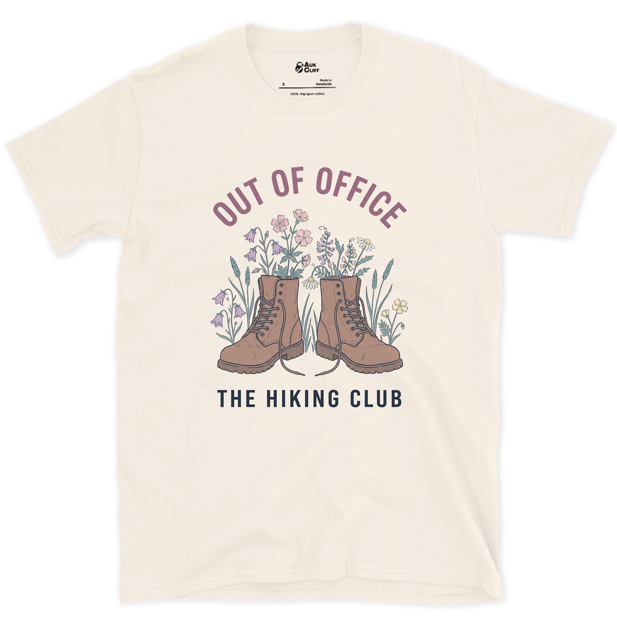 Out of Office, Boots in Bloom design on a Natural Gildan Softstyle t-shirt