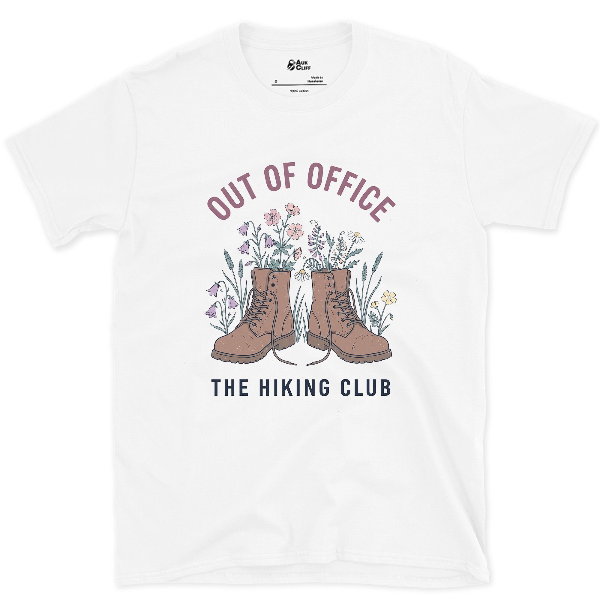 Out of Office, Boots in Bloom design on a White Gildan Softstyle t-shirt