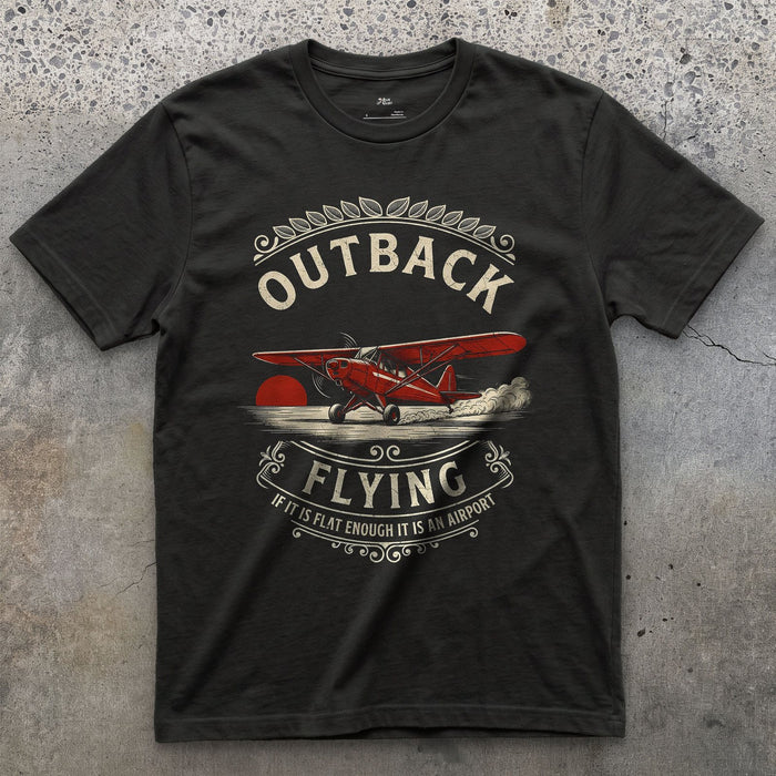 Outback Flying, Flat Enough design on a Black Gildan Softstyle t-shirt