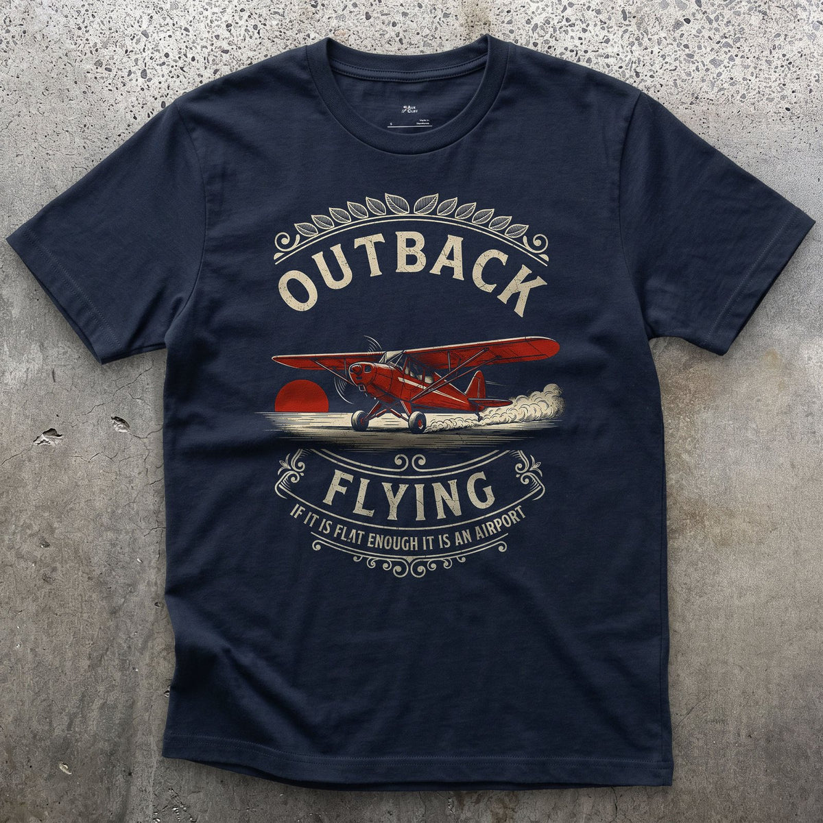 Outback Flying, Flat Enough design on a Navy Gildan Softstyle t-shirt