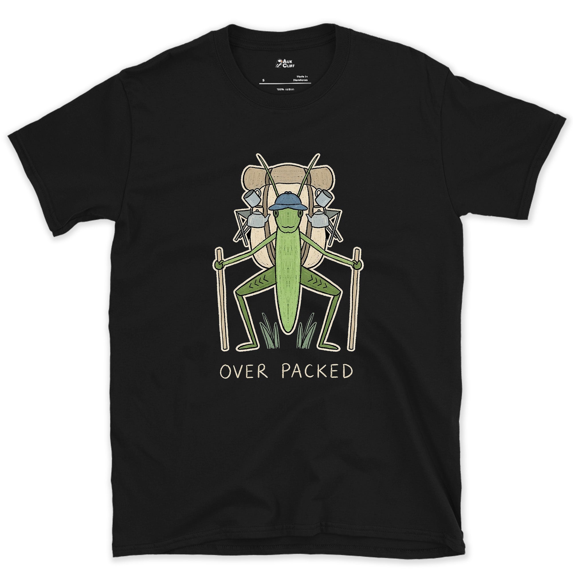 Too Big for Its Own Frame, Grasshopper Hiker design on a Black Gildan Softstyle t-shirt