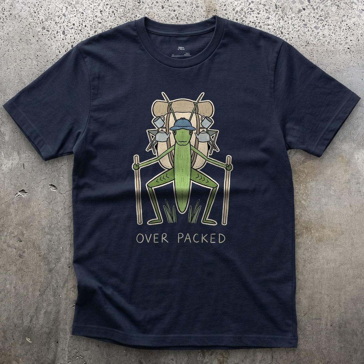 Too Big for Its Own Frame, Grasshopper Hiker design on a Navy Gildan Softstyle t-shirt
