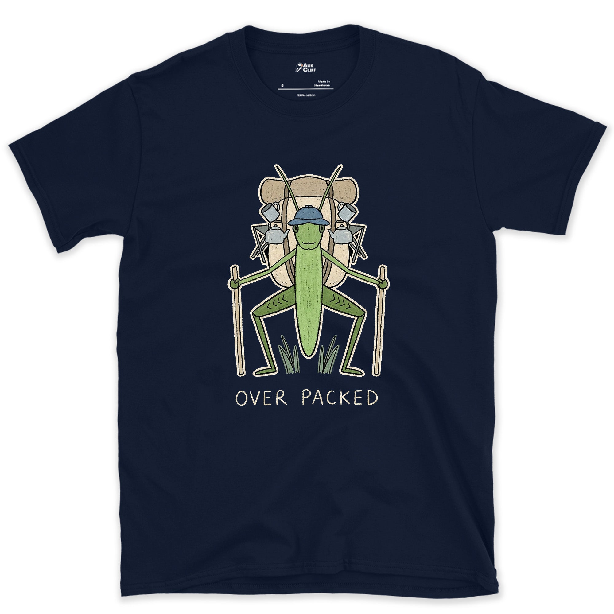 Too Big for Its Own Frame, Grasshopper Hiker design on a Navy Gildan Softstyle t-shirt