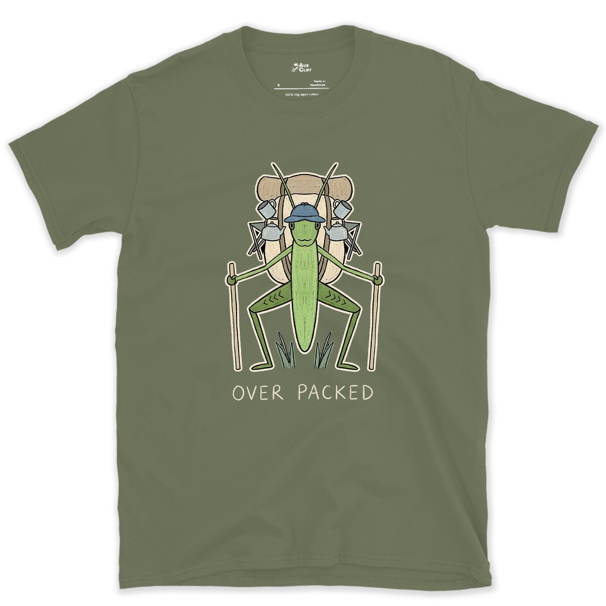 Too Big for Its Own Frame, Grasshopper Hiker design on a Military Green Gildan Softstyle t-shirt