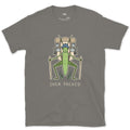 Too Big for Its Own Frame, Grasshopper Hiker design on a Charcoal Gildan Softstyle t-shirt