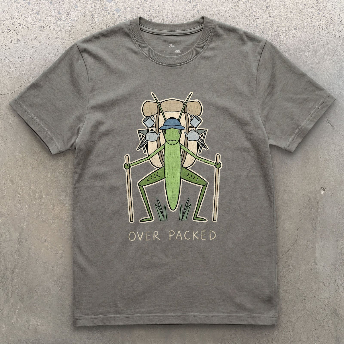Too Big for Its Own Frame, Grasshopper Hiker design on a Charcoal Gildan Softstyle t-shirt