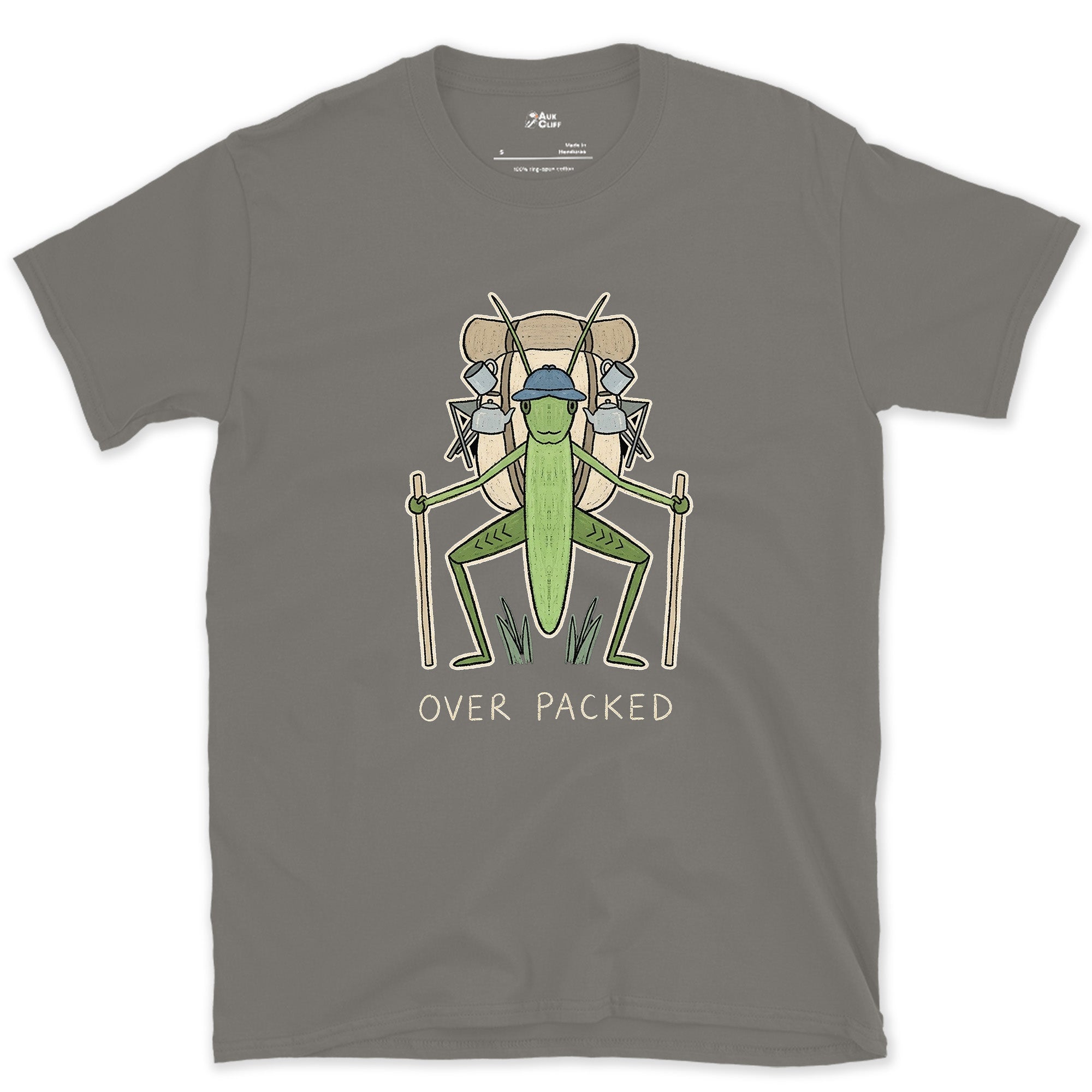 Too Big for Its Own Frame, Grasshopper Hiker design on a Charcoal Gildan Softstyle t-shirt