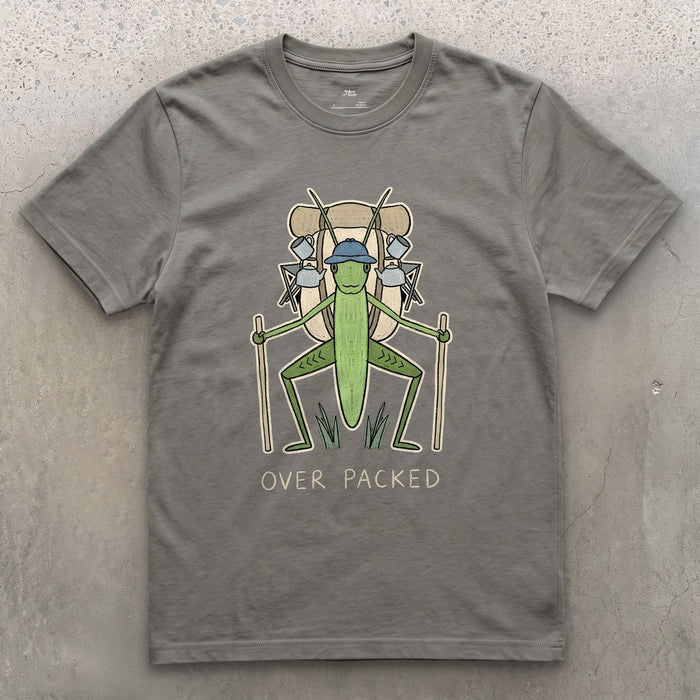 Too Big for Its Own Frame, Grasshopper Hiker design on a Charcoal Gildan Softstyle t-shirt
