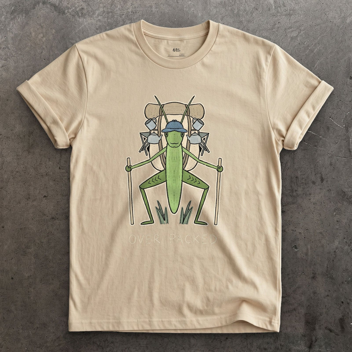 Too Big for Its Own Frame, Grasshopper Hiker design on a Sand Gildan Softstyle t-shirt