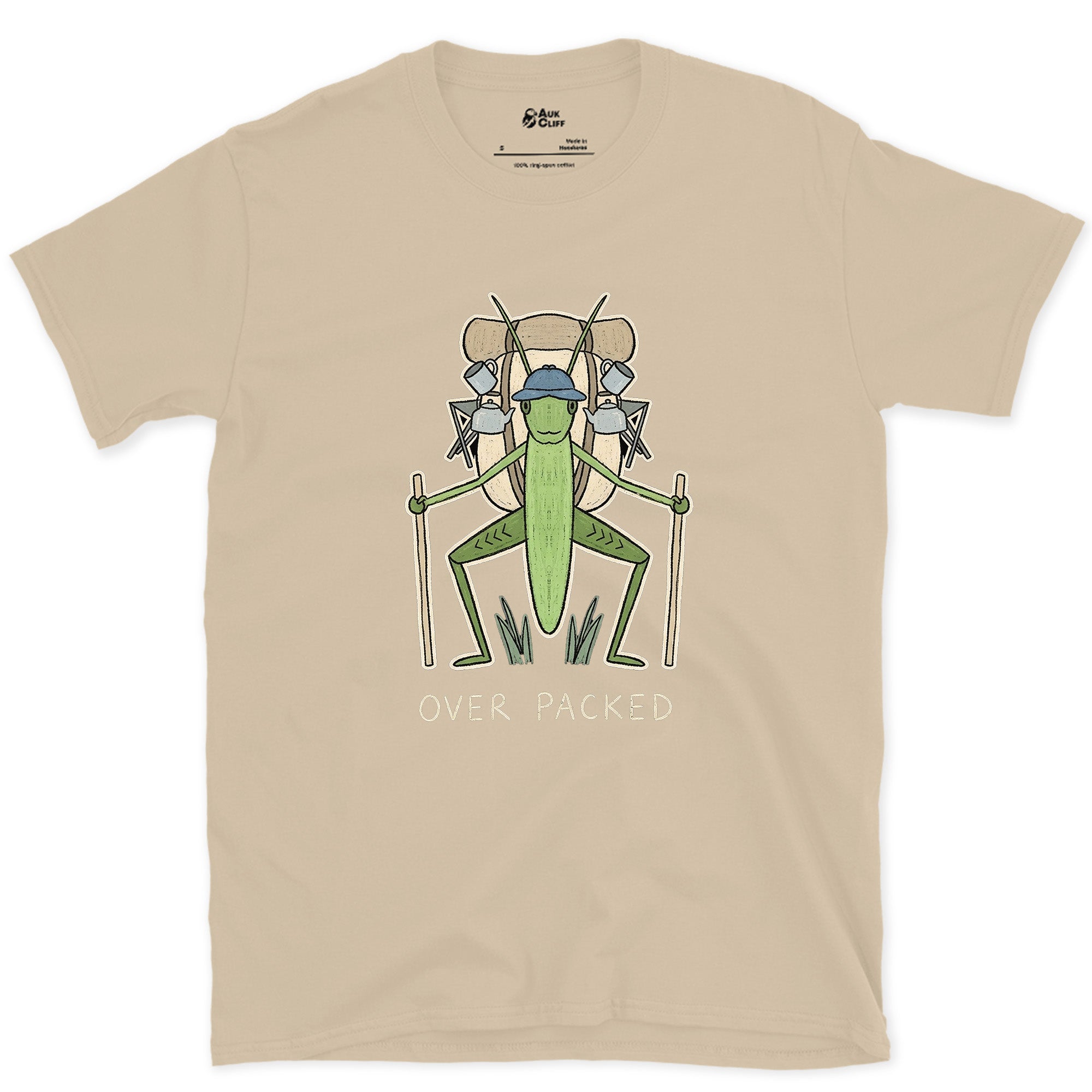 Too Big for Its Own Frame, Grasshopper Hiker design on a Sand Gildan Softstyle t-shirt