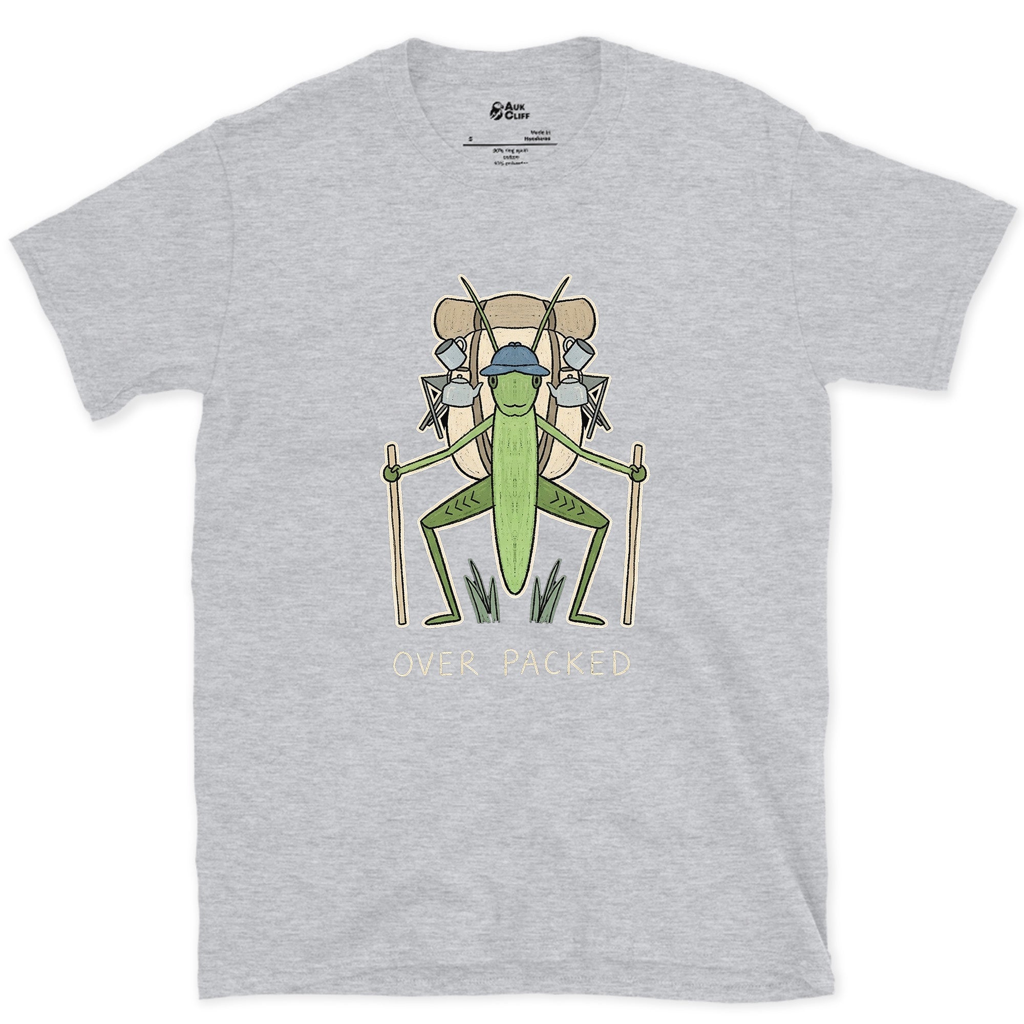 Too Big for Its Own Frame, Grasshopper Hiker design on a Sport Grey Gildan Softstyle t-shirt