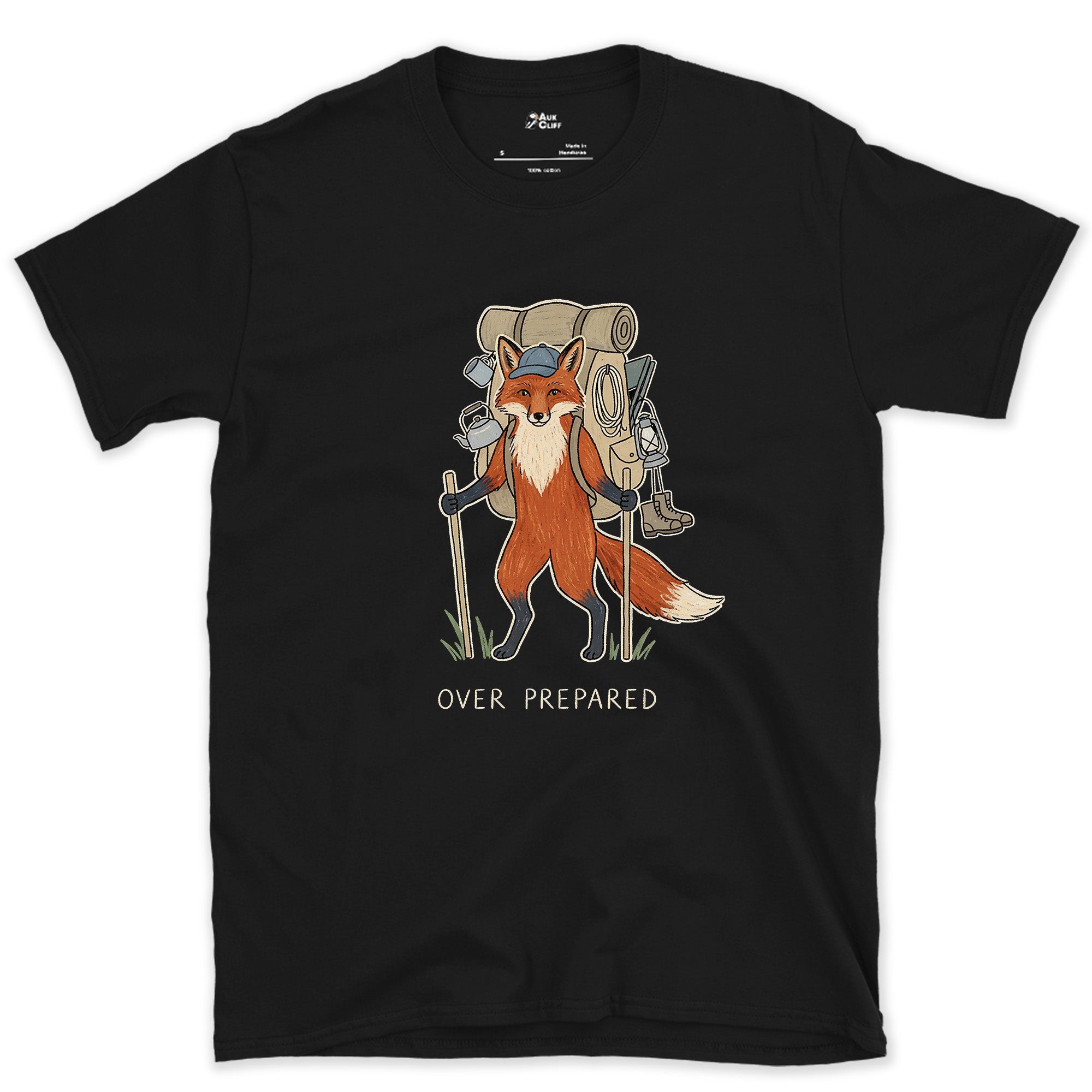 Packed for Every Scenario, Fox Hiker design on a Black Gildan Softstyle t-shirt