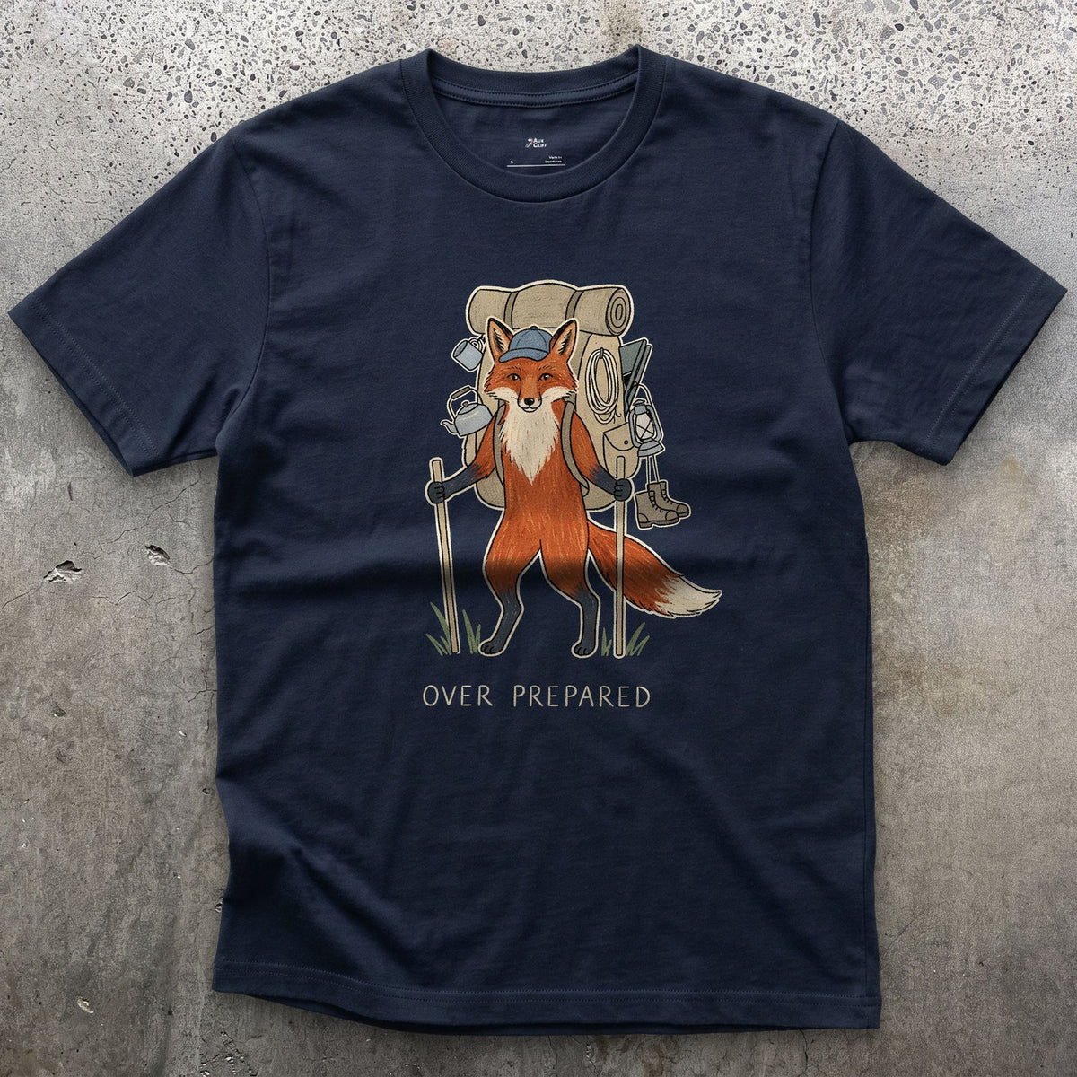 Packed for Every Scenario, Fox Hiker design on a Navy Gildan Softstyle t-shirt