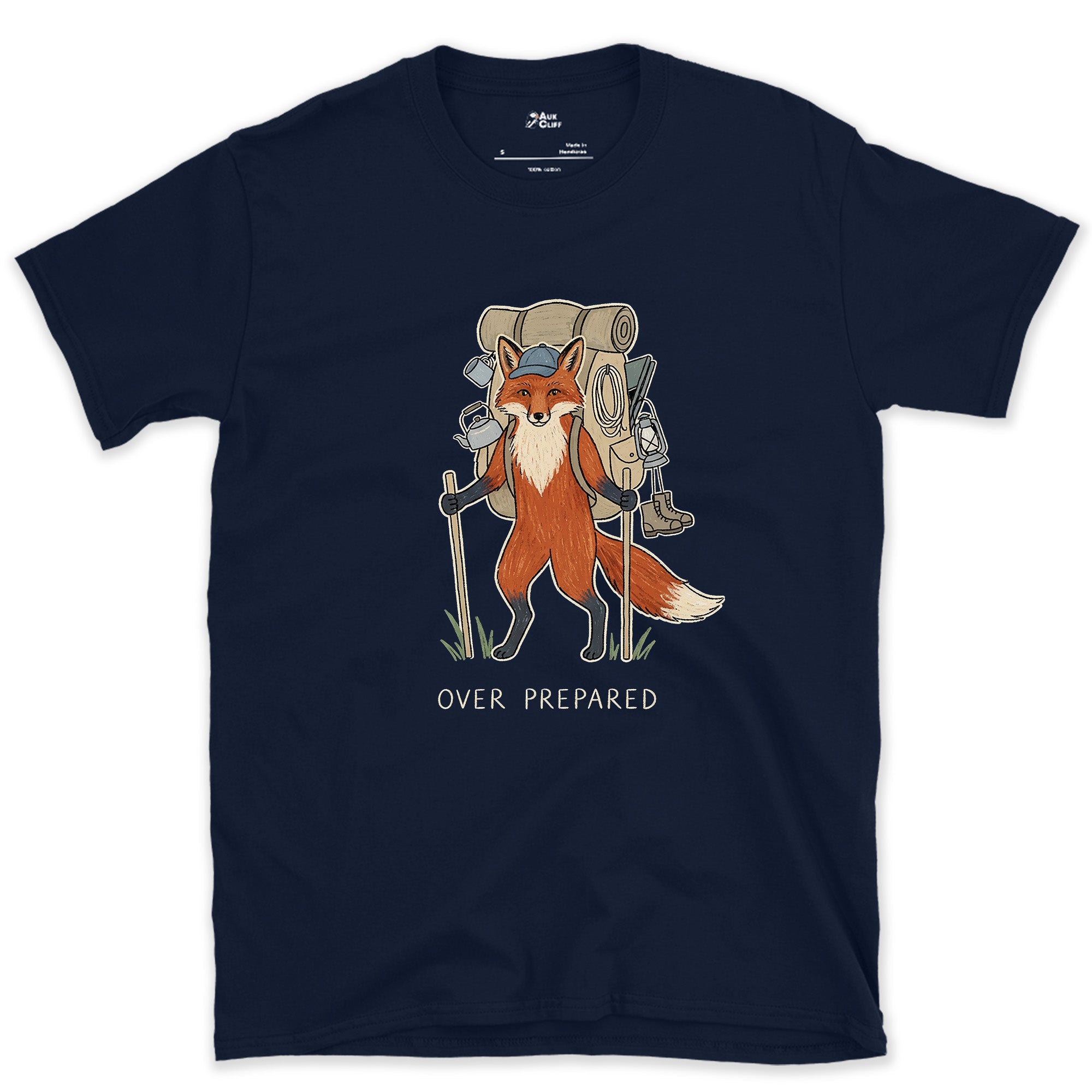 Packed for Every Scenario, Fox Hiker design on a Navy Gildan Softstyle t-shirt