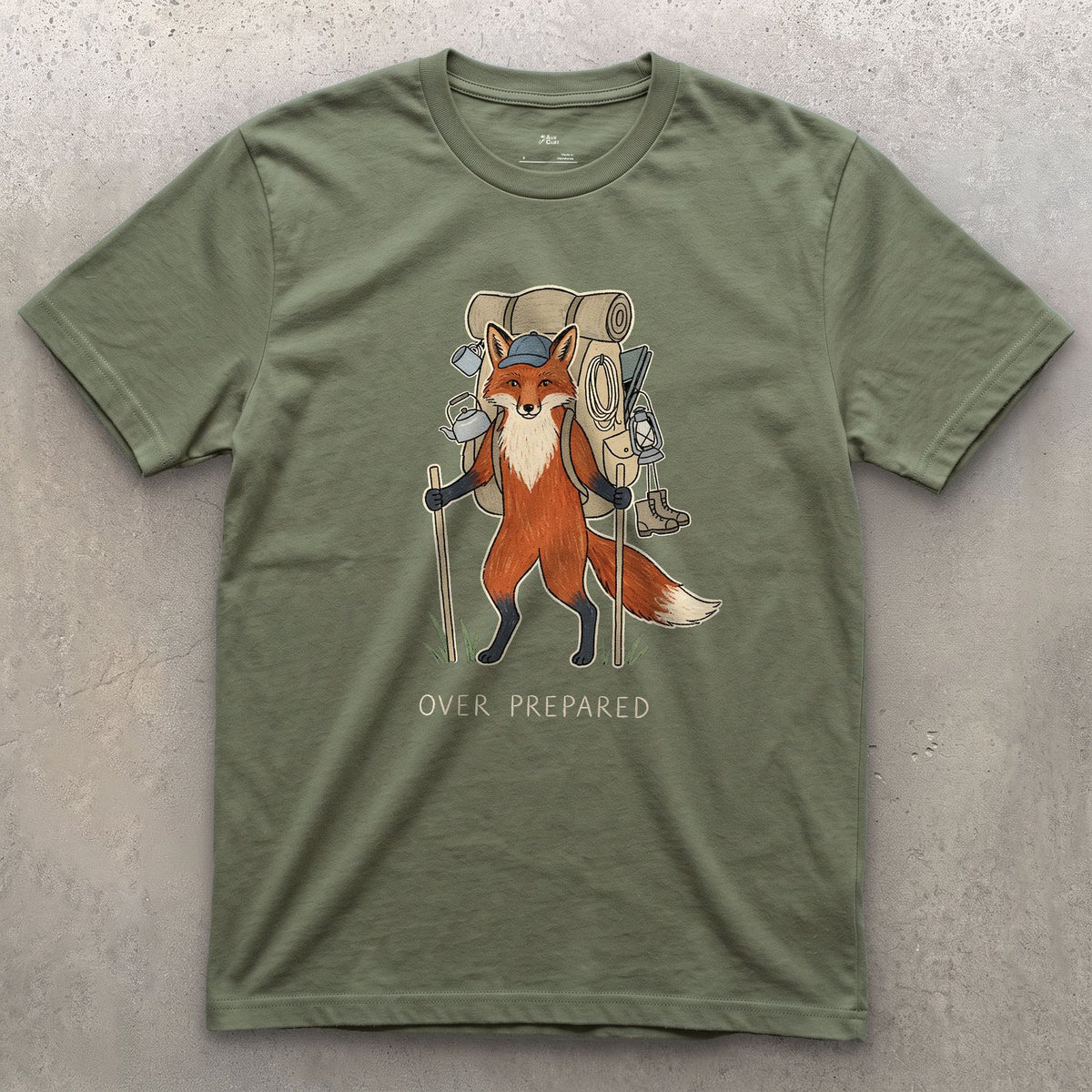 Packed for Every Scenario, Fox Hiker design on a Military Green Gildan Softstyle t-shirt