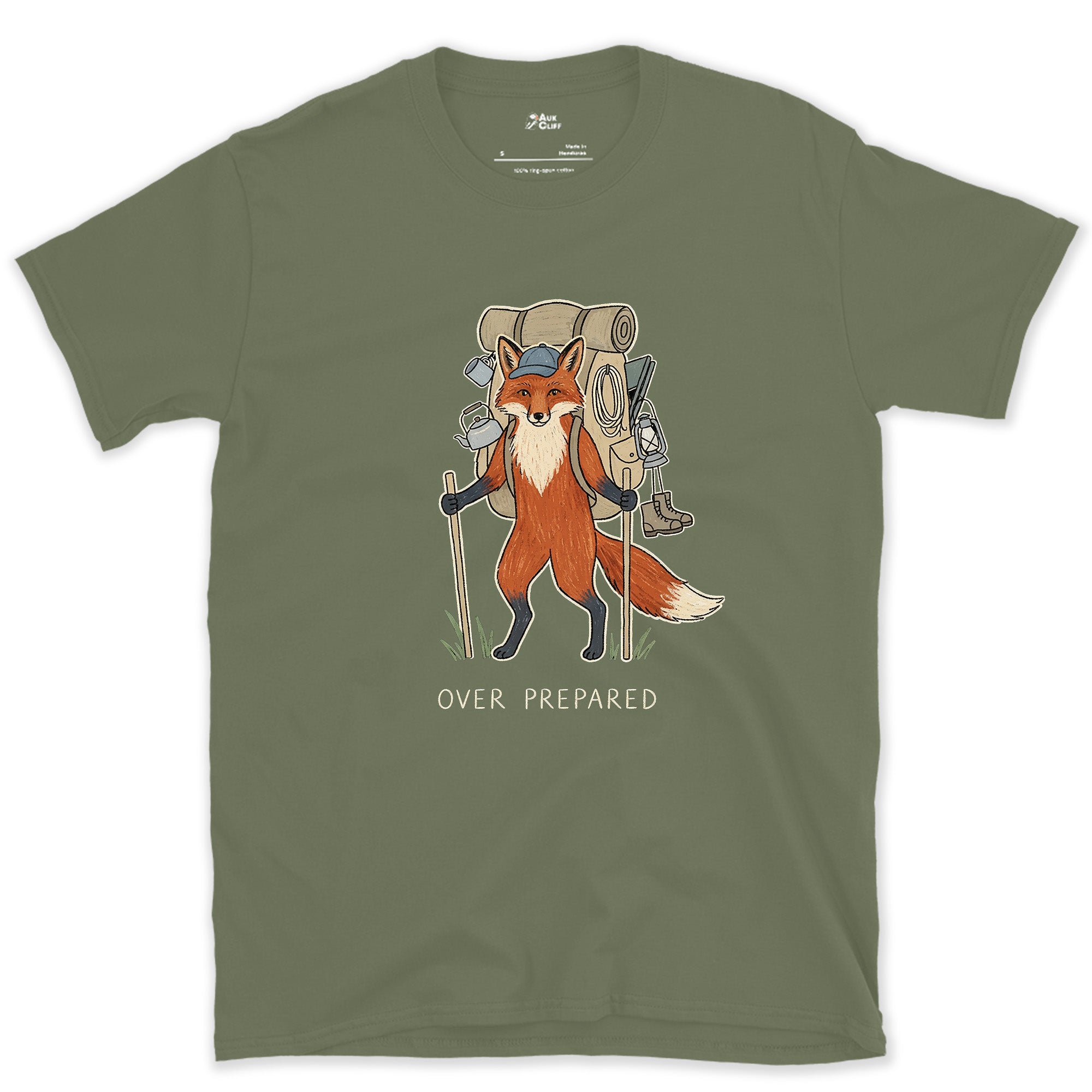 Packed for Every Scenario, Fox Hiker design on a Military Green Gildan Softstyle t-shirt