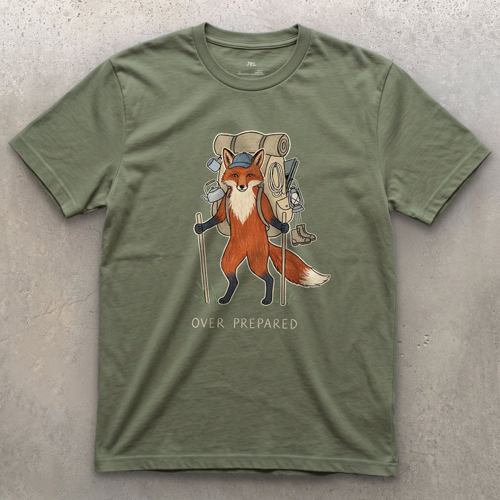 Packed for Every Scenario, Fox Hiker design on a Military Green Gildan Softstyle t-shirt