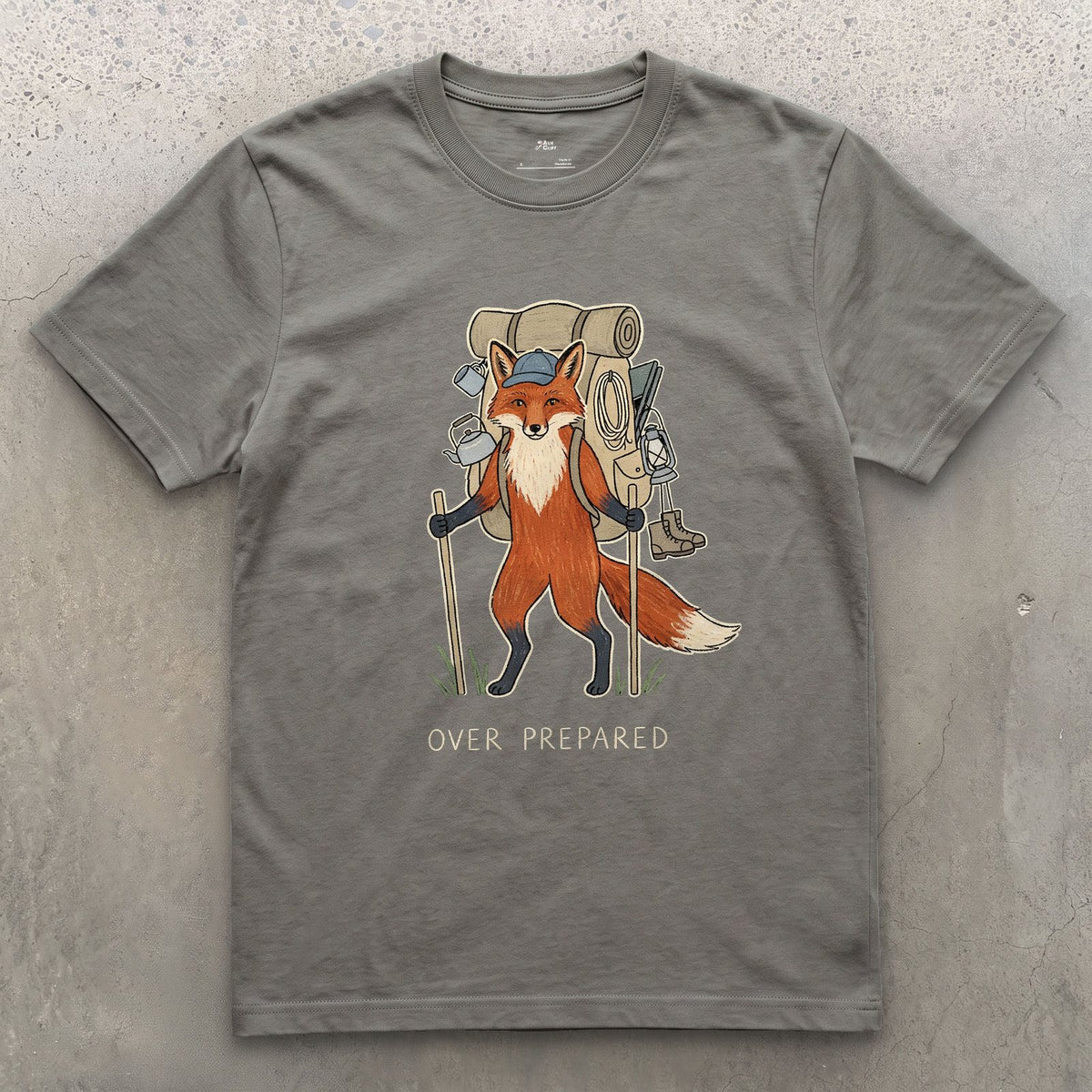 Packed for Every Scenario, Fox Hiker design on a Charcoal Gildan Softstyle t-shirt