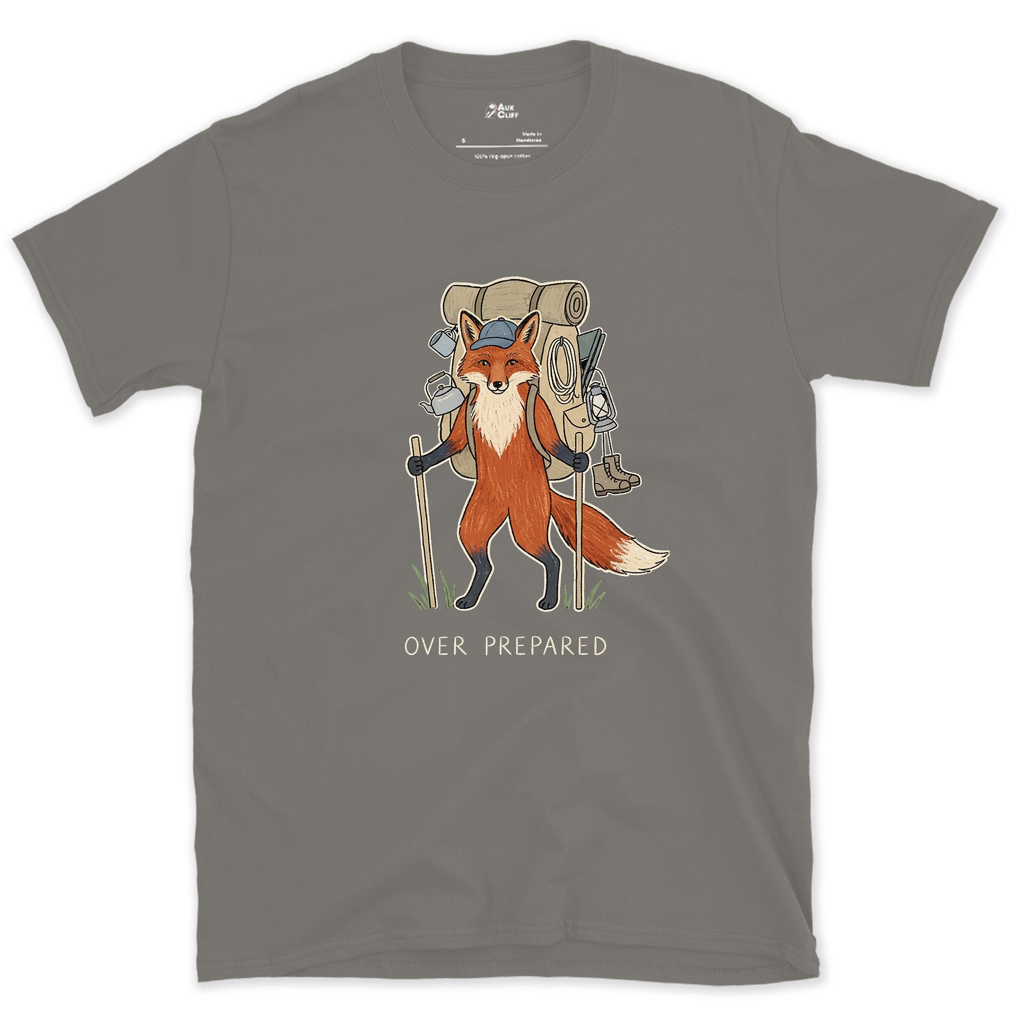 Packed for Every Scenario, Fox Hiker design on a Charcoal Gildan Softstyle t-shirt